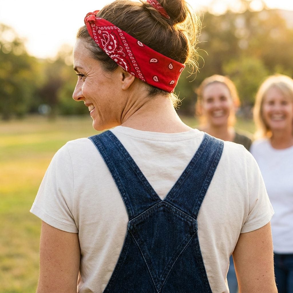 Full-Length Dark Denim With Crossed Straps and a Red Bandana