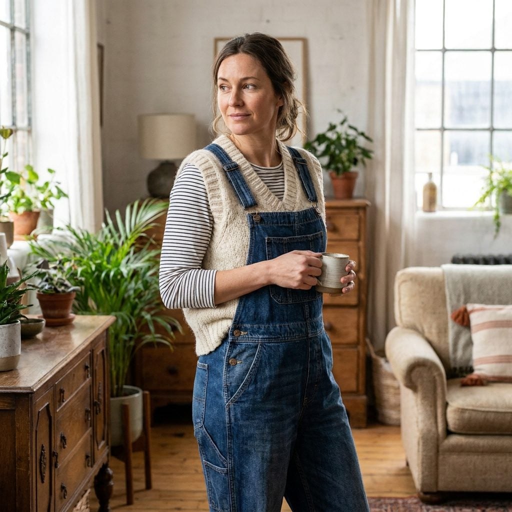 Full-Length Dark Overalls Under a Soft Knit Vest