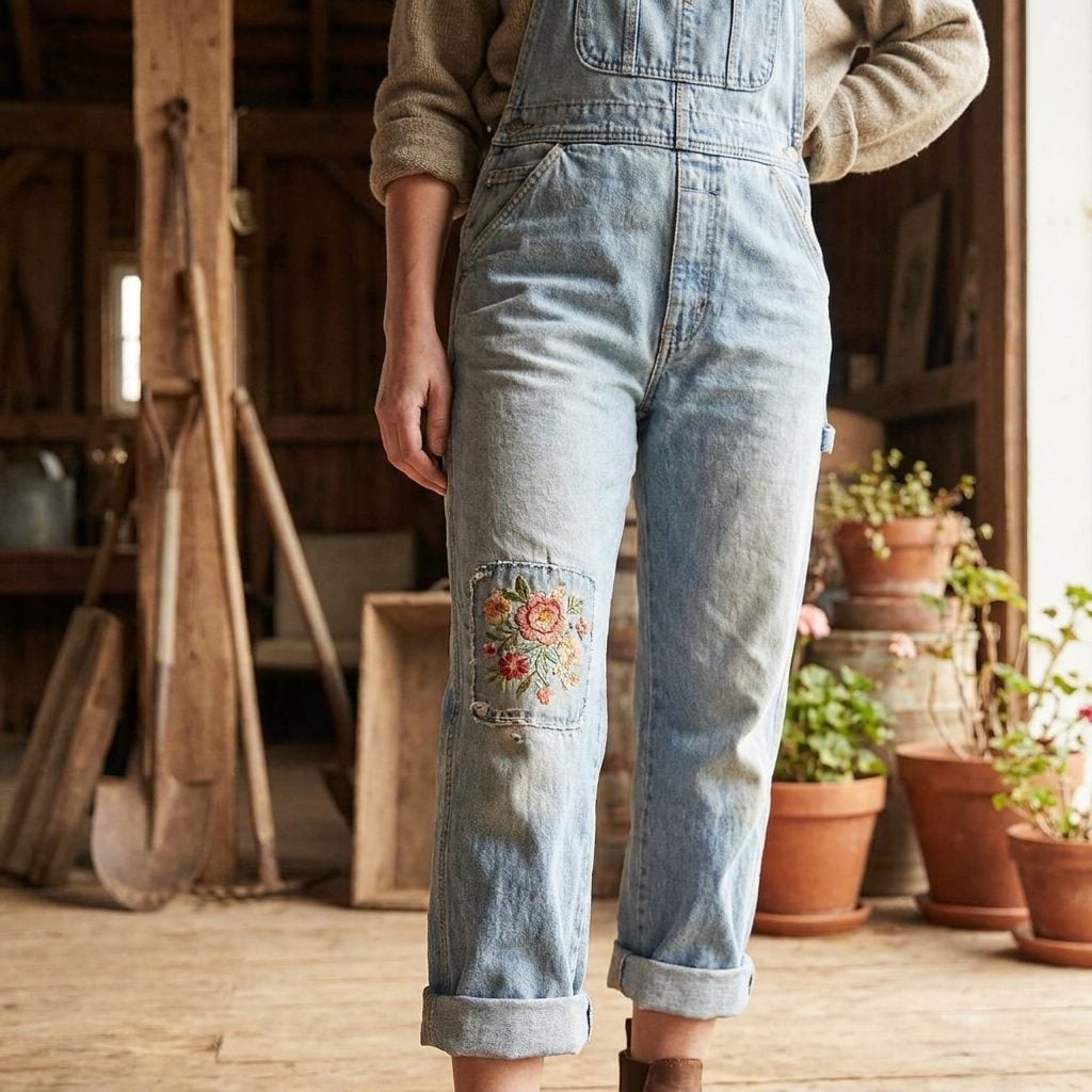 Full-Length Overalls With a Patchwork Knee
