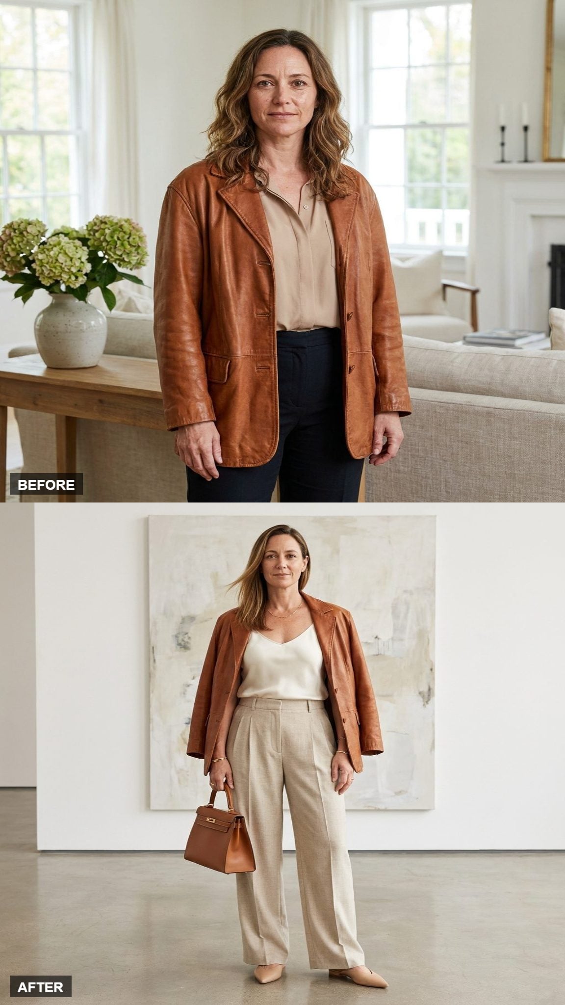Ivory Silk With Wide Oatmeal Trousers
