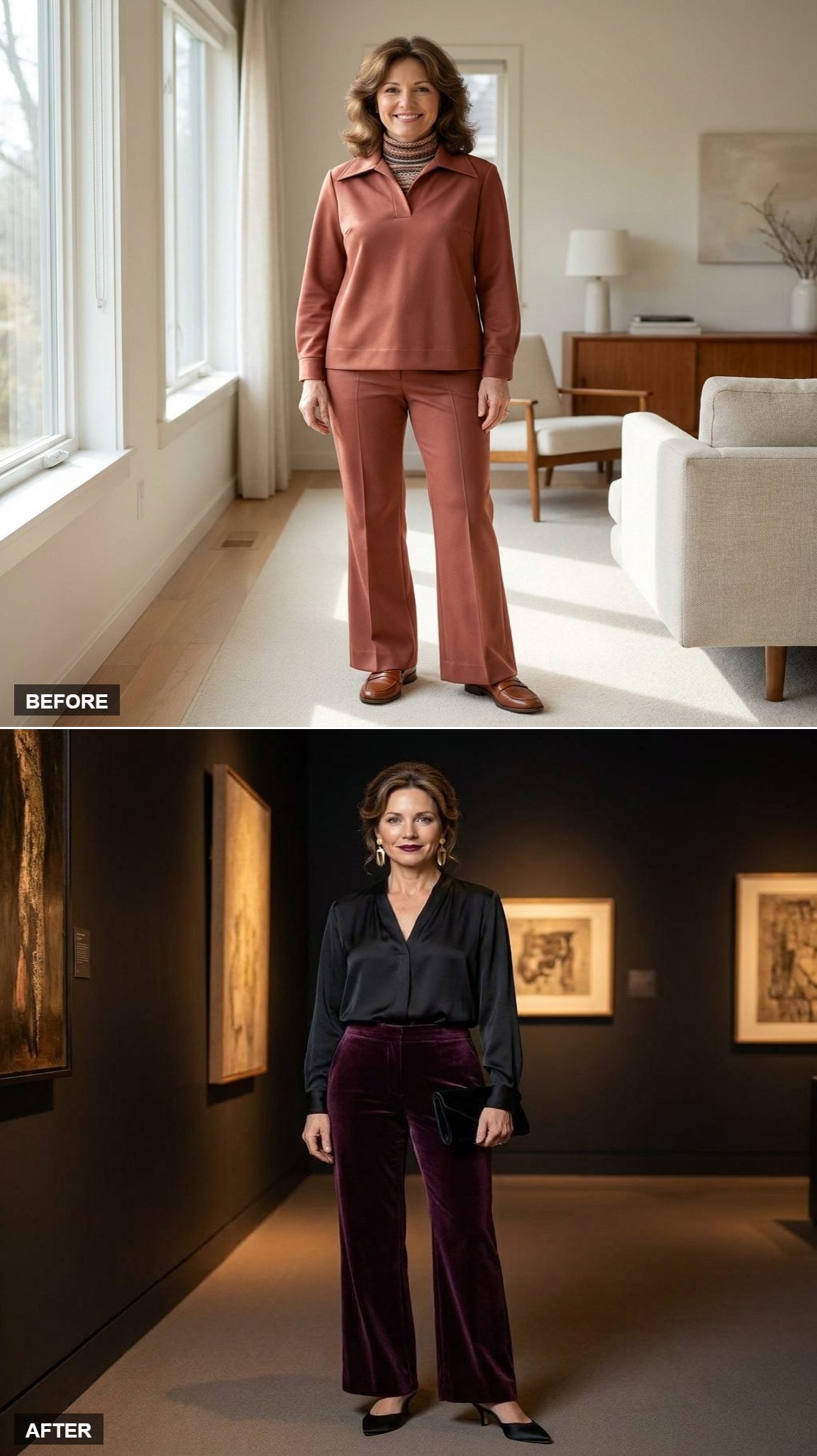 Gallery Opening in a Black Silk Blouse, Wide-Leg Velvet Trousers, and Kitten Heel Mules