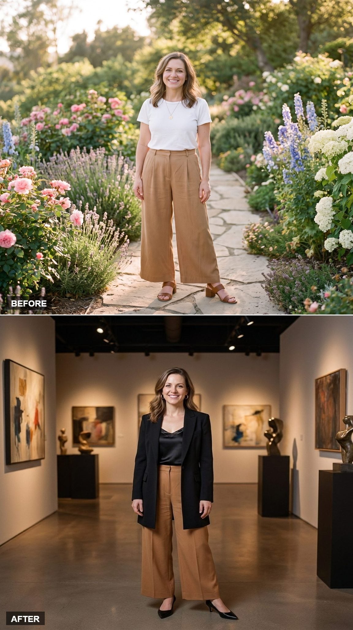 Gallery Opening in a Black Silk Camisole, Longline Blazer, and Pointed-Toe Kitten Heels