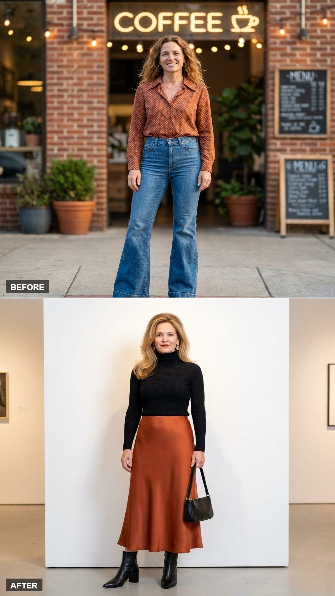 Gallery Opening Confidence in a Rust Silk Midi Skirt and Black Fitted Turtleneck