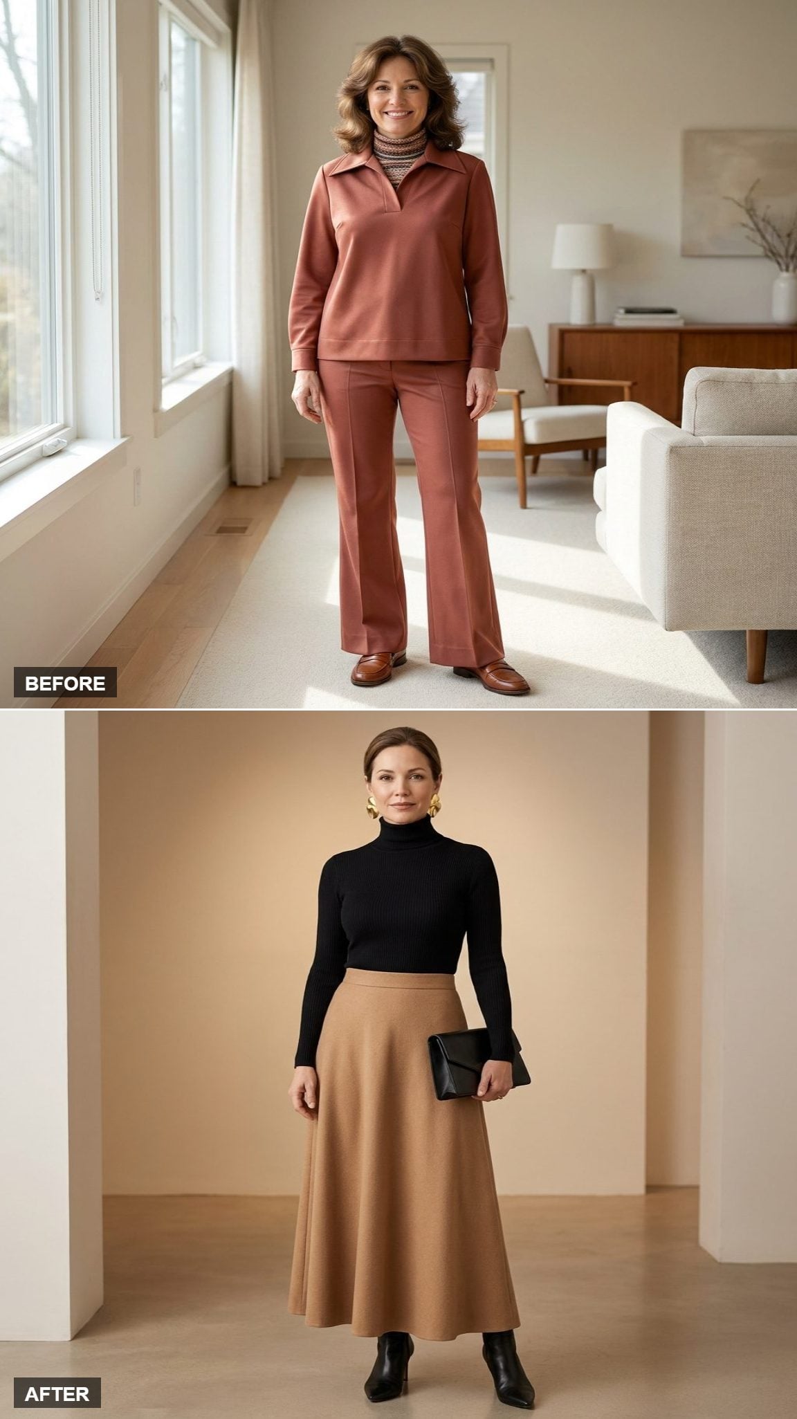 Gallery Opening Drama in a Black Turtleneck, Camel Maxi Skirt, and Statement Earrings