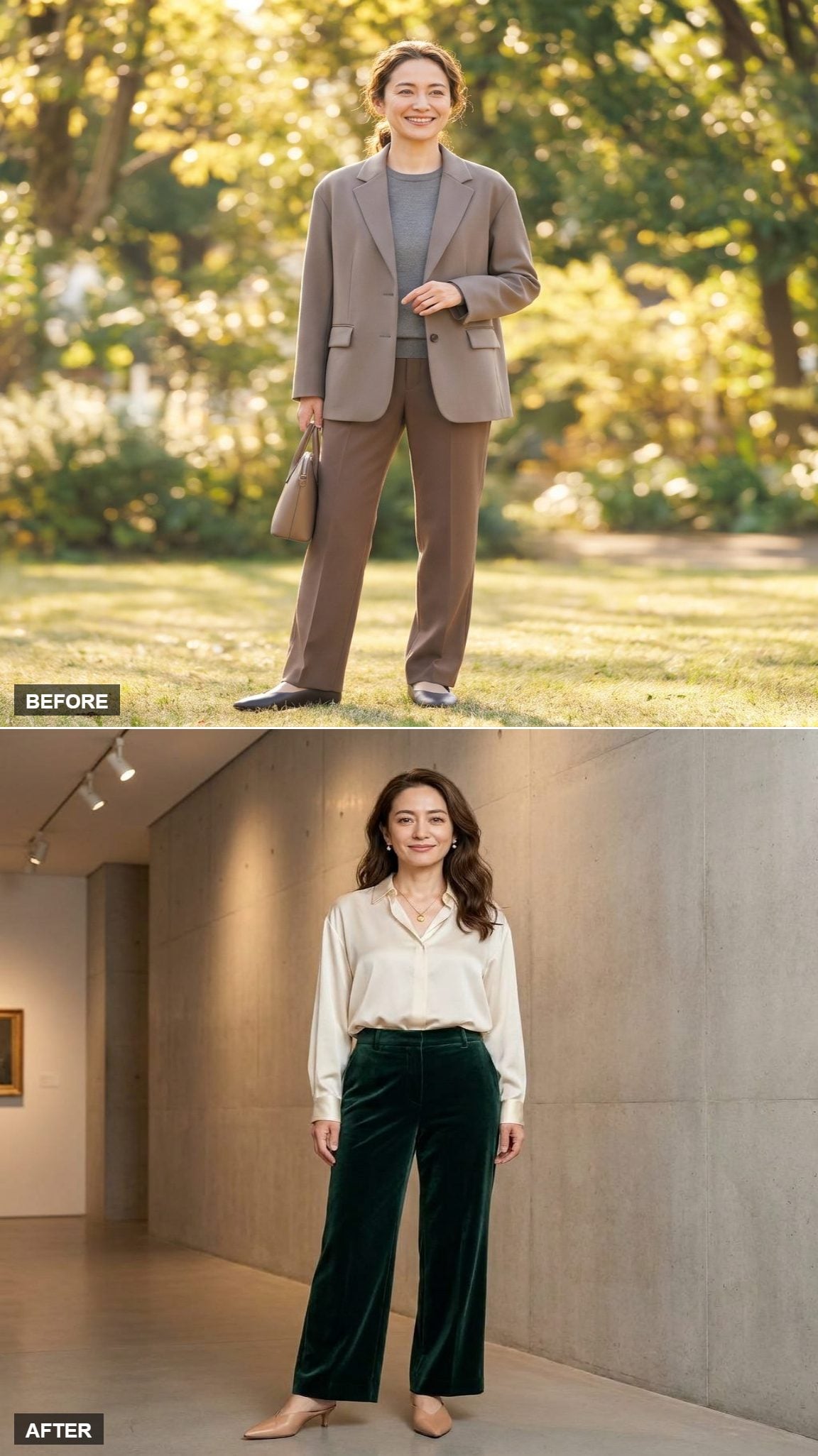 Gallery Opening Energy in a Cream Silk Blouse, Wide Velvet Trousers, and Mules
