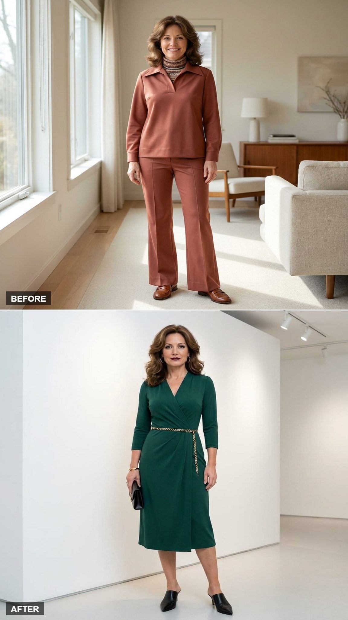 Gallery Opening Night in an Emerald Wrap Dress, Black Pointed Mules, and a Gold Chain Belt