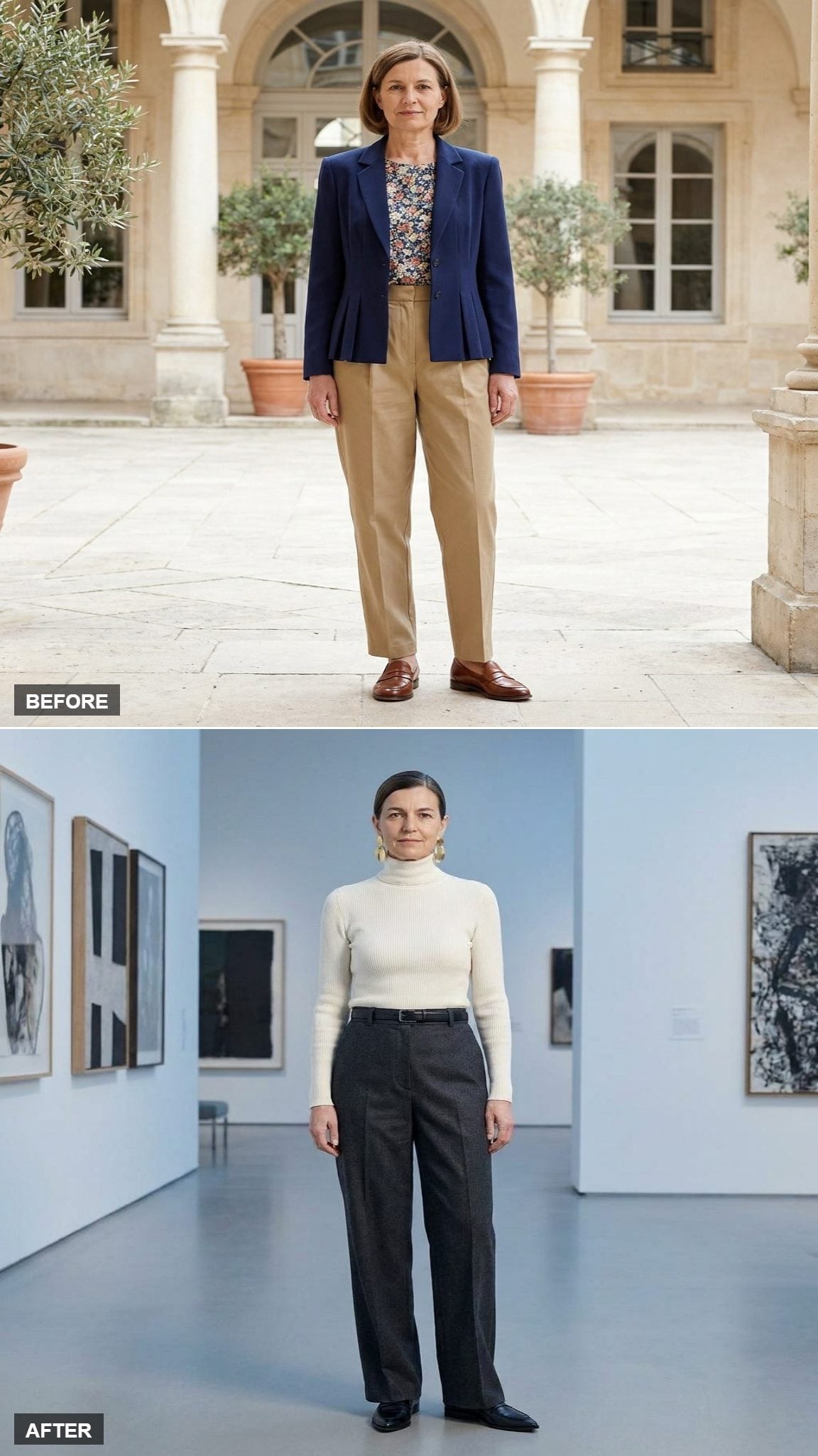 Gallery Opening Ready in an Ivory Turtleneck, Wide-Leg Charcoal Trousers, and Statement Earrings