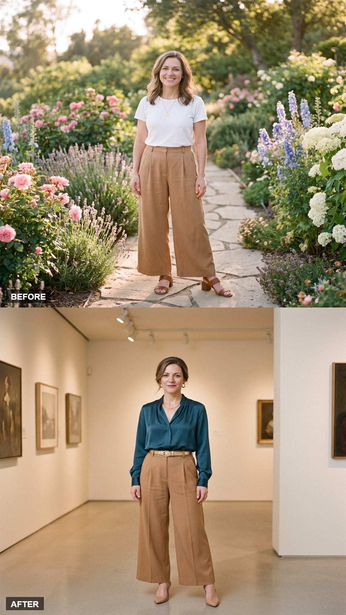 Gallery Walk in a Deep Teal Silk Blouse and Slim Gold Belt