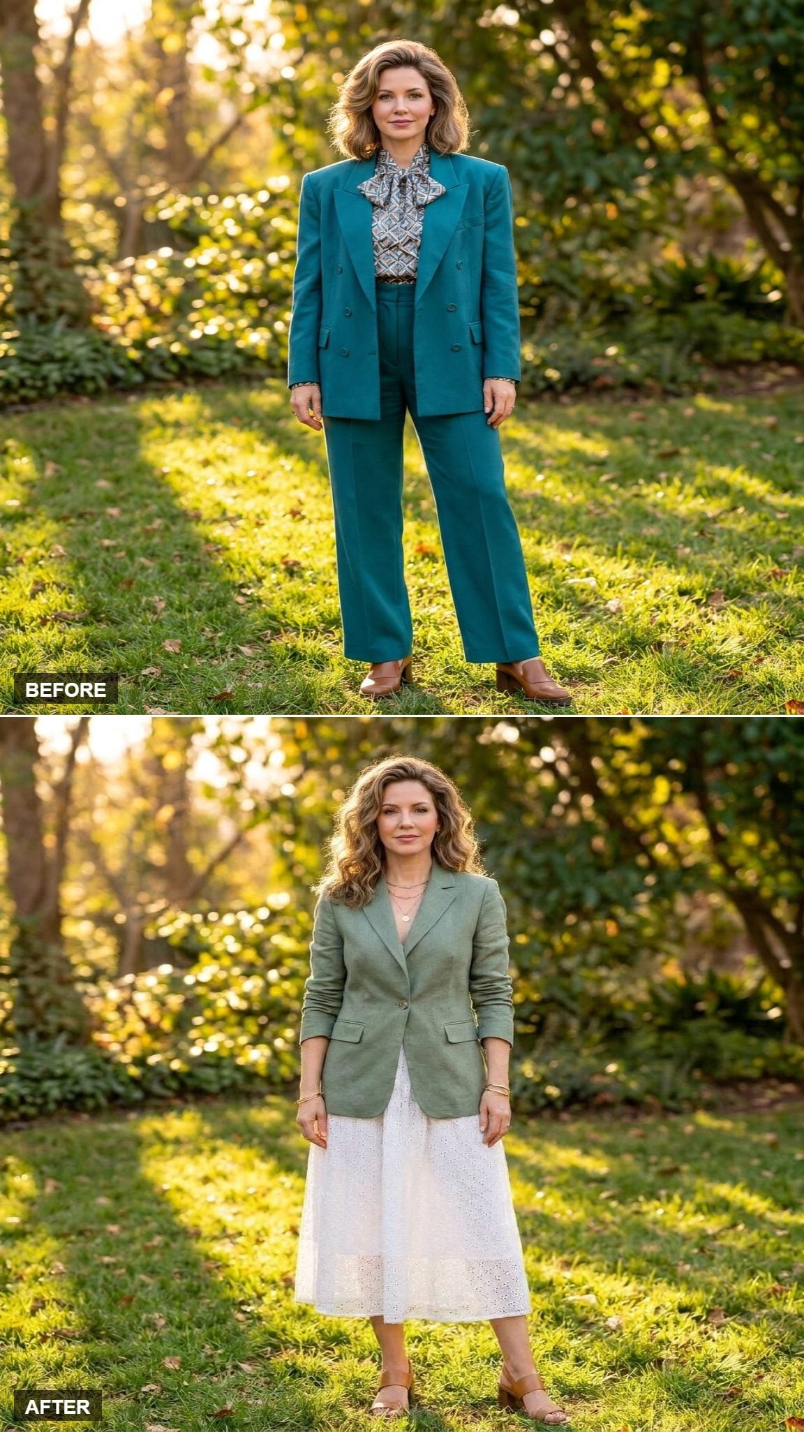 Garden Party Edit in a Sage Linen Blazer, White Eyelet Midi Skirt, and Tan Block-Heel Sandals