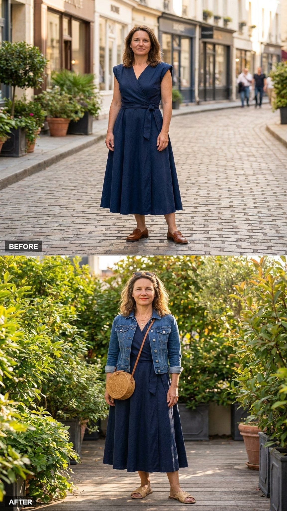Garden Party Restyle With a Cropped Denim Jacket, Raffia Slides, and a Straw Bag