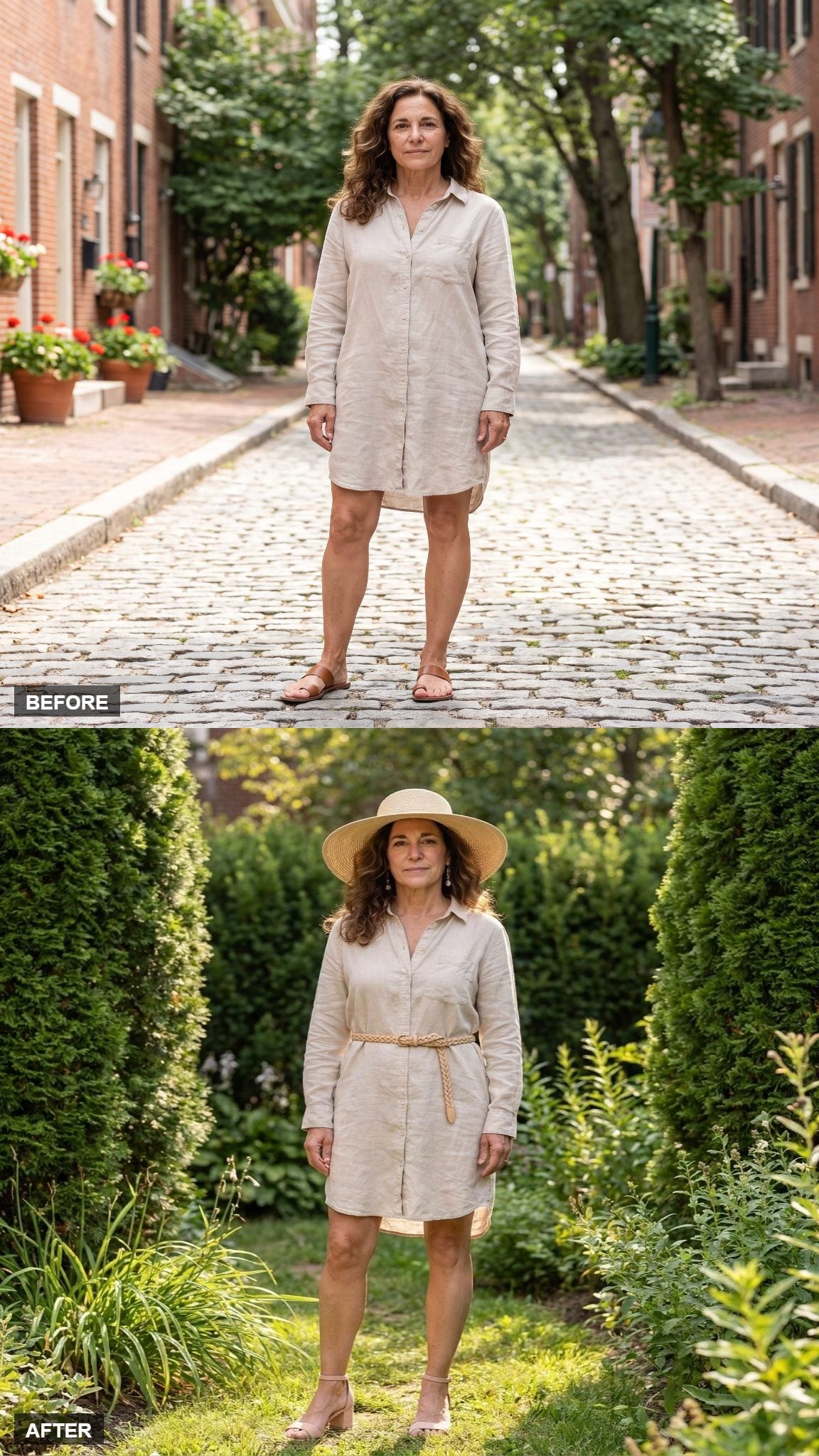Loose Garden-Party Styling with Pearls and Blush Sandals