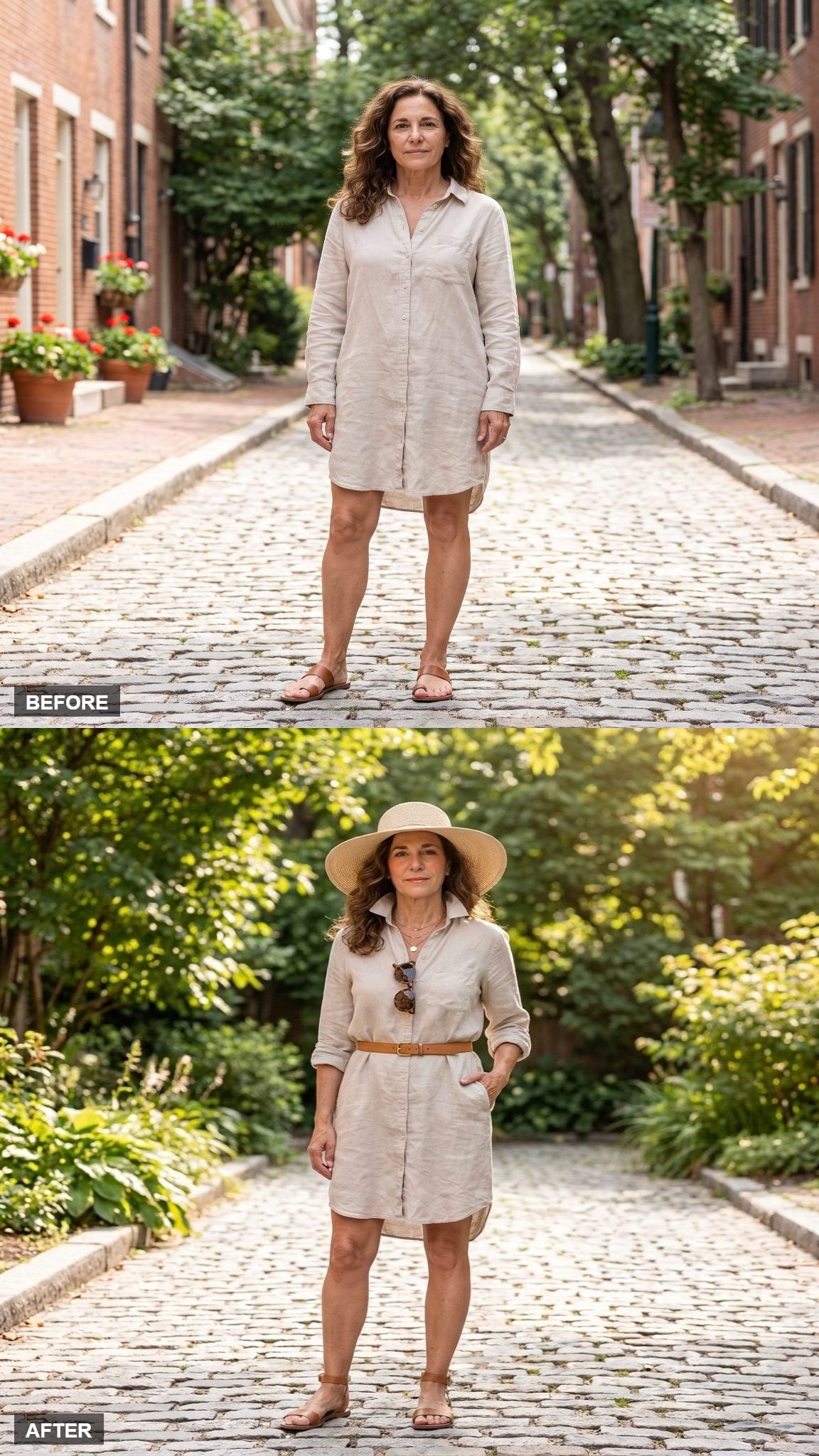 Garden Party Softness with a Straw Hat and Ankle-Strap Sandals