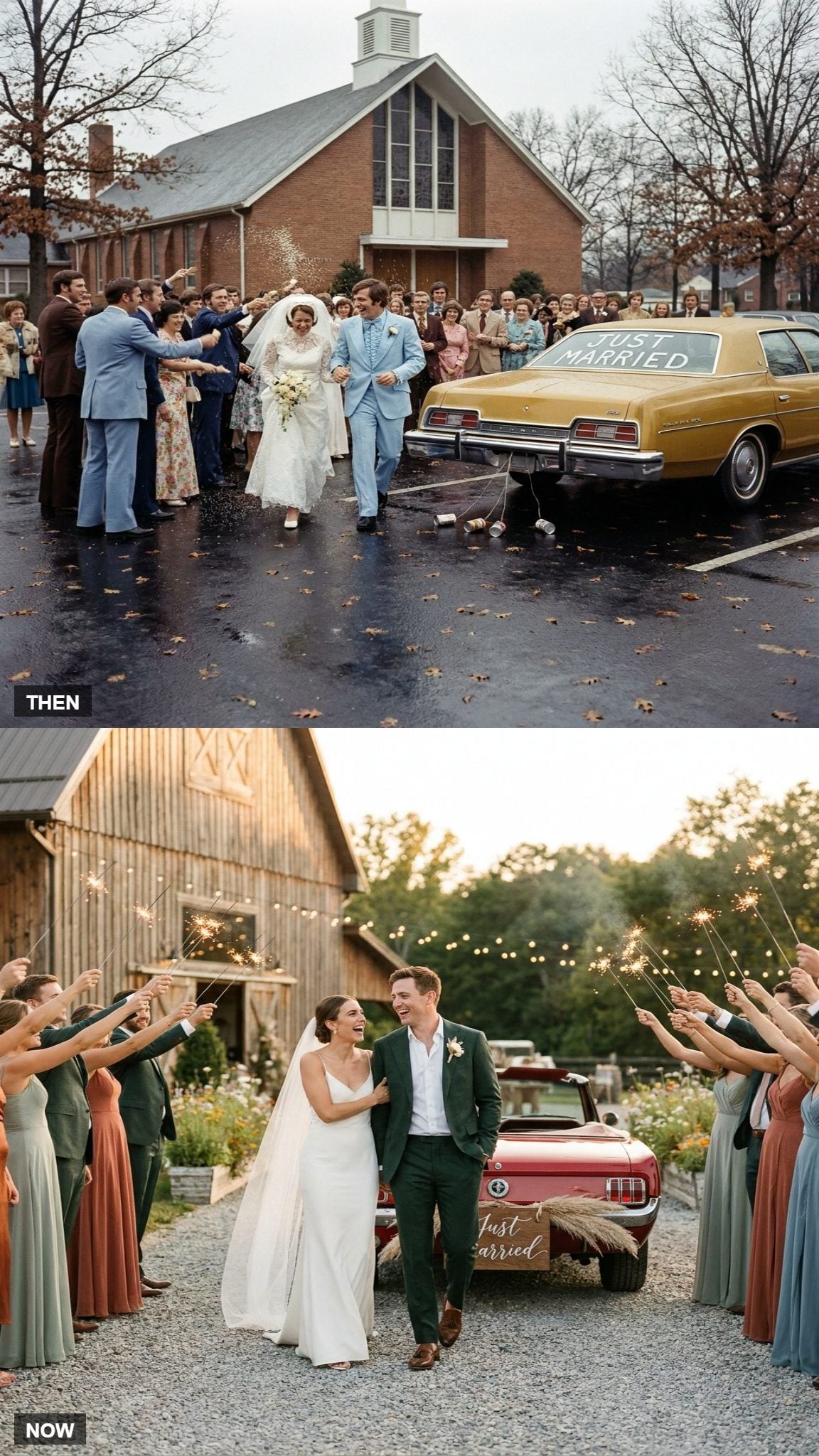 The Getaway: Rice Thrown at a Sedan vs. Sparklers and a Vintage Convertible