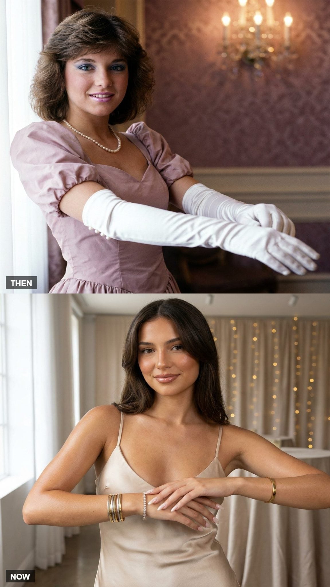 1980 opera-length prom gloves compared with bare modern arms
