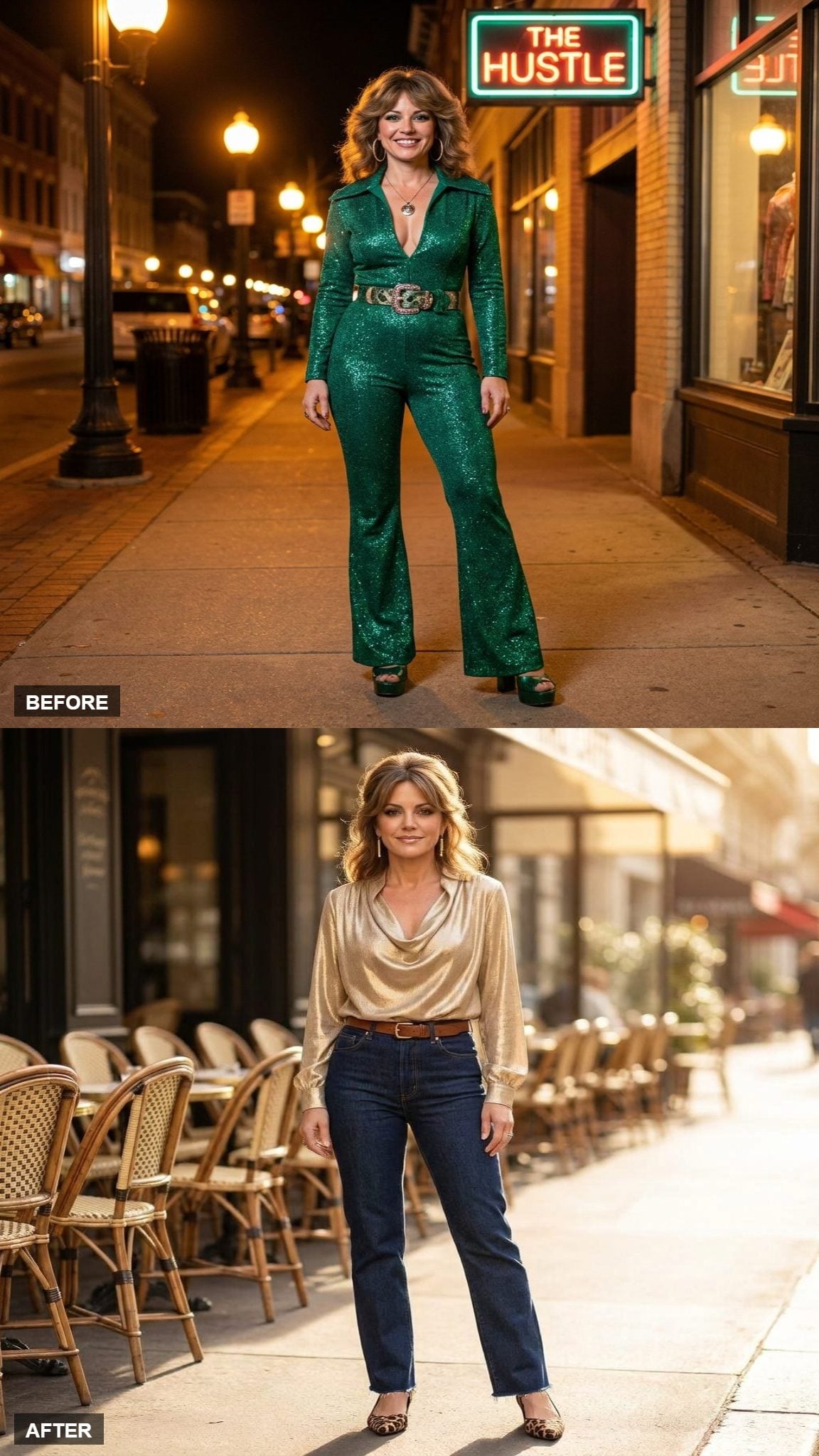 Gold Lamé Blouse Tucked Into Dark Indigo Straight-Leg Jeans