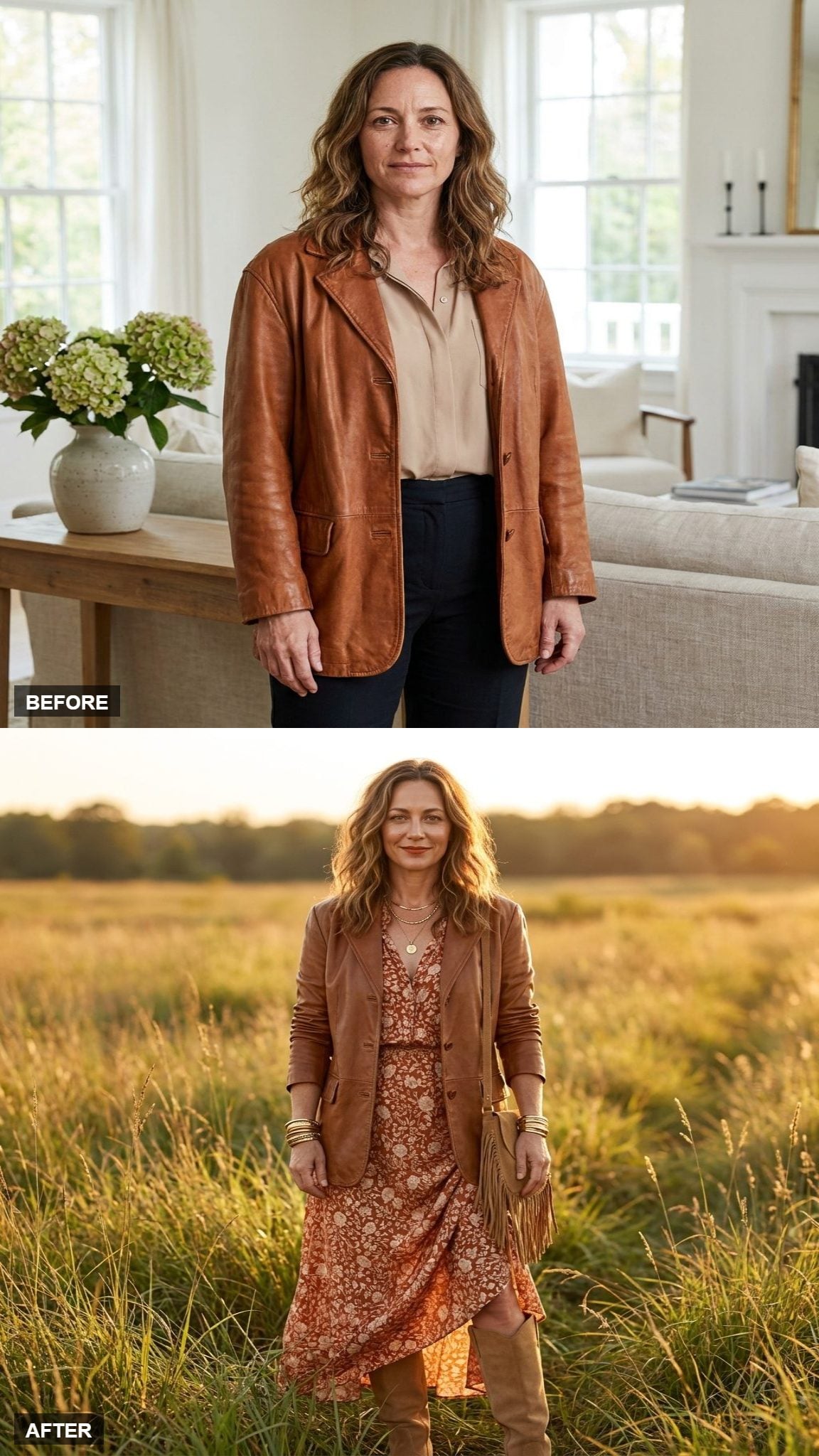 Rust Silk, Suede Boots, and Layered Gold