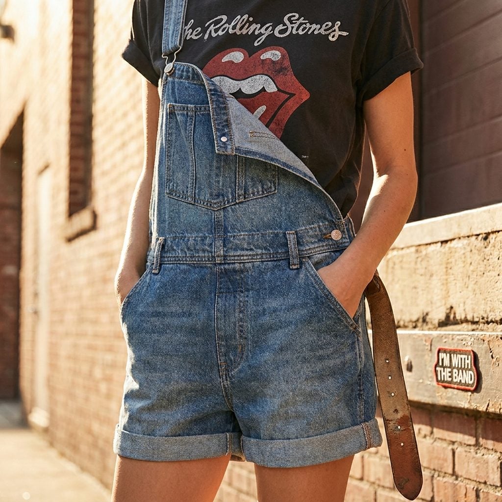 Graphic Band Tee Tucked Into Shortalls