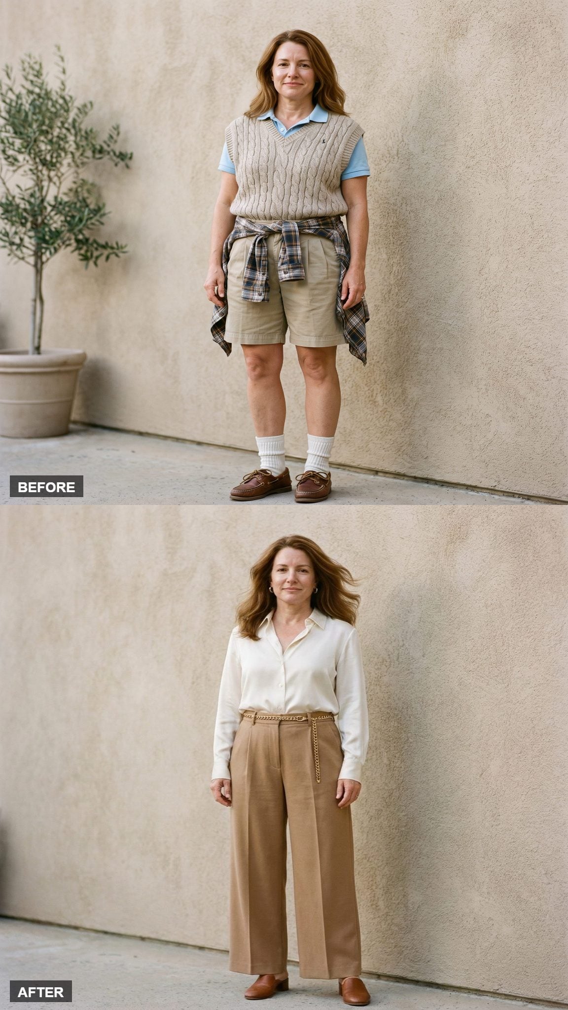 Graphic Tee Gets Its Goodbye: Silk Blouse, Wide-Leg Trouser, and Cognac Mules