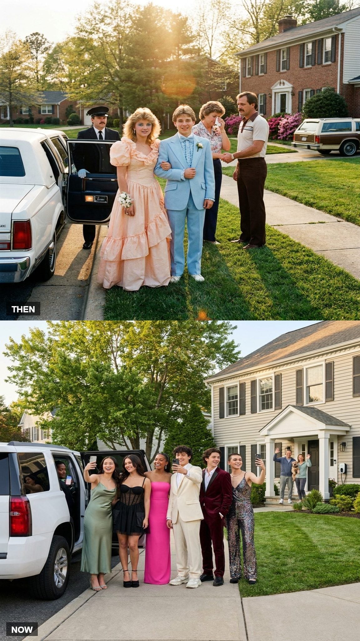 1980 prom limousine compared with modern party-bus and rideshare transportation
