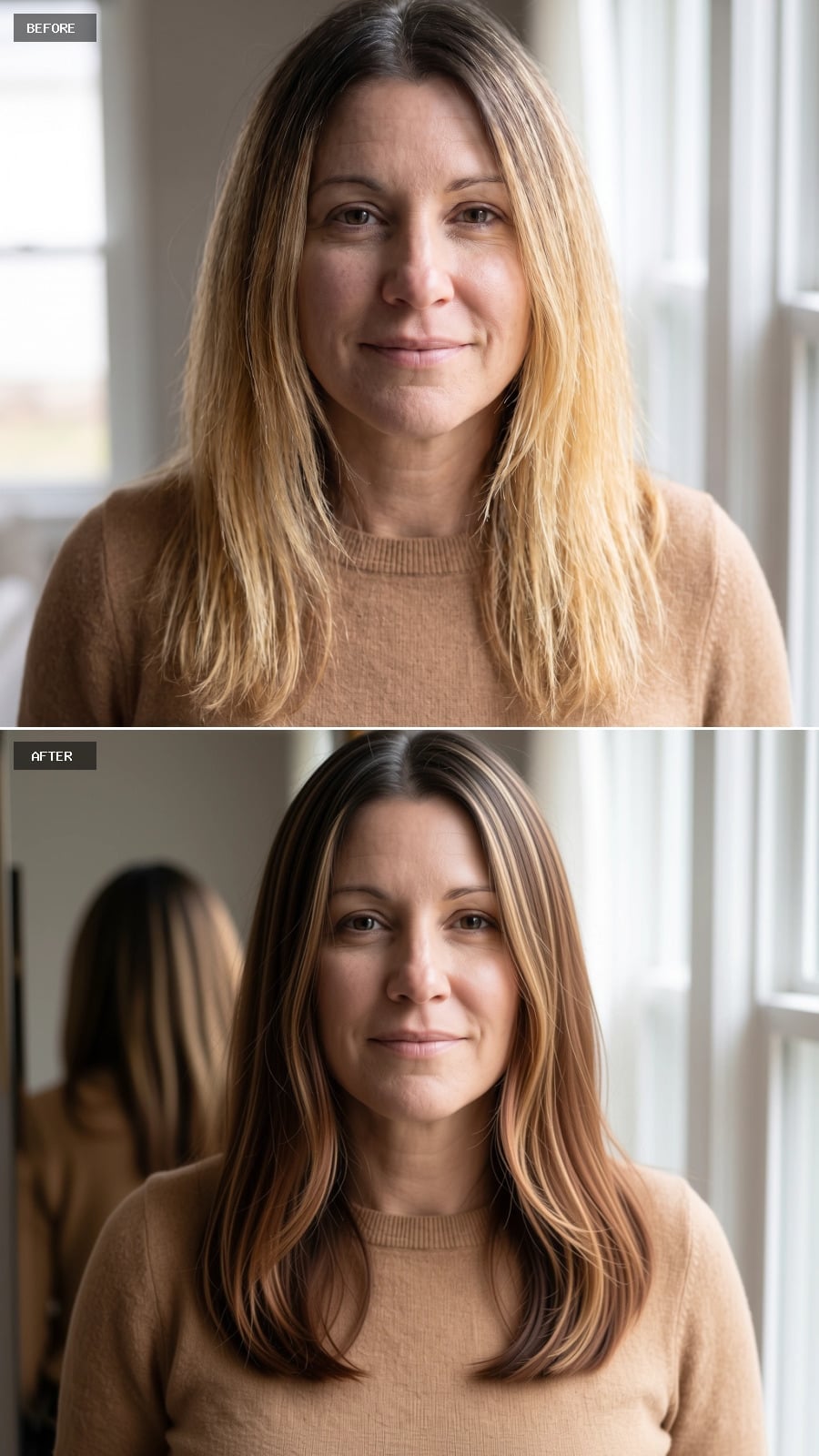 Grown-Out Blonde Given a Brown Base and Highlights That Actually Have a Reason