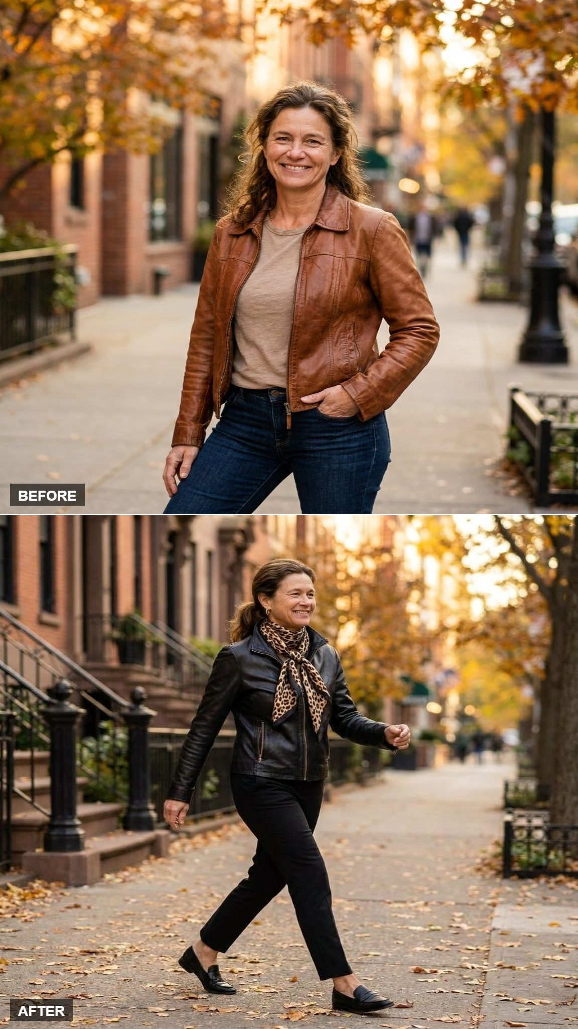 Half-Zipped Jacket, Silk Leopard Scarf at the Collar, Black Cigarette Trousers, City Sidewalk
