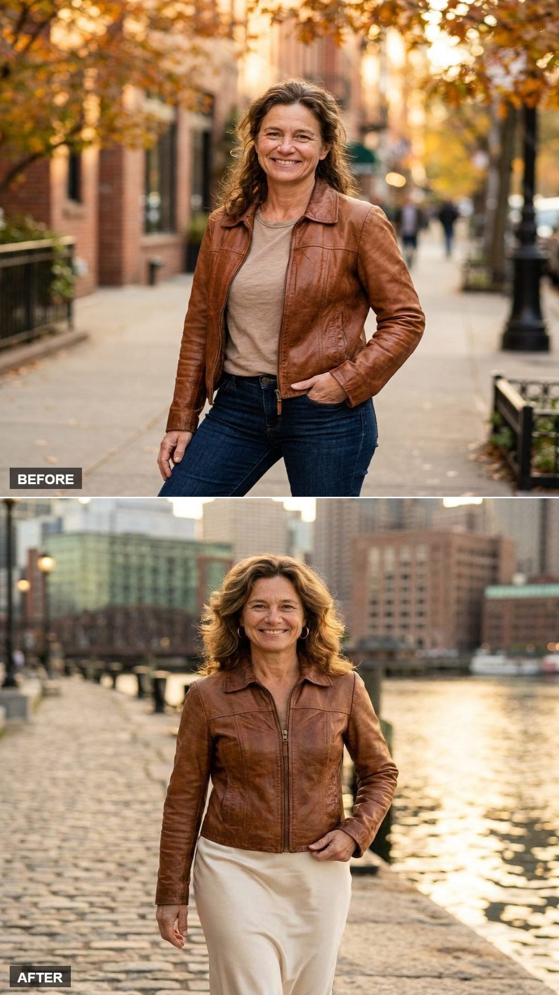 Half-Zipped Over a Satin Slip Skirt, Cinched Waist, Golden Hour on the Riverside Promenade