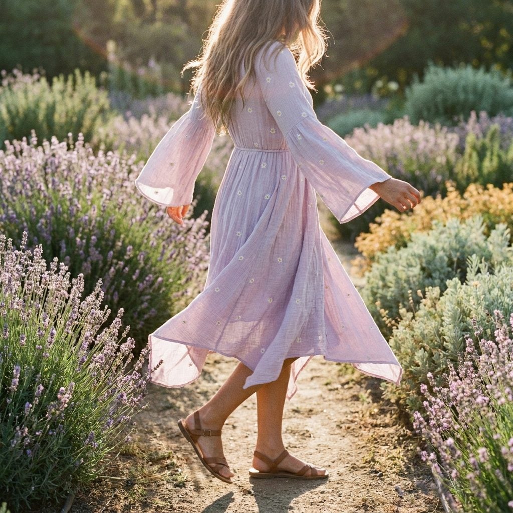 Lavender prairie dress with flared bell sleeves