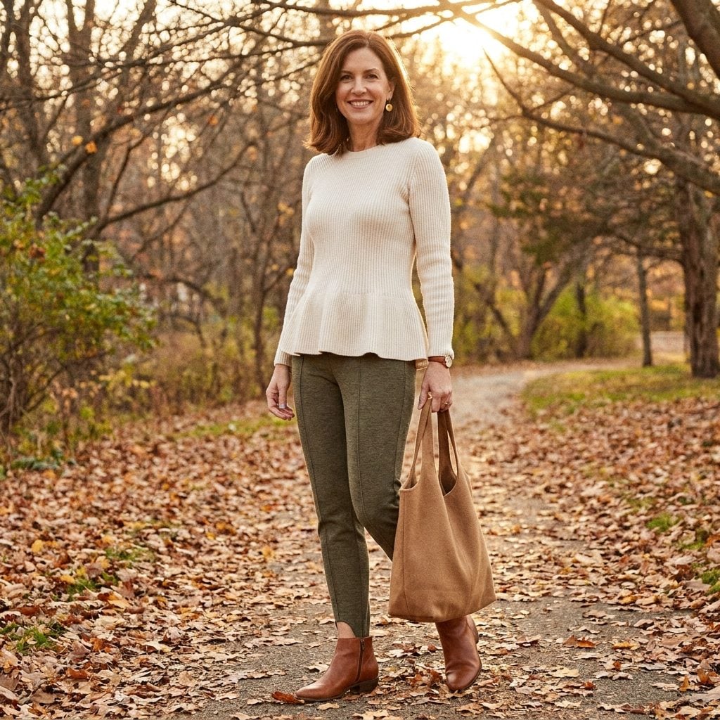 The Heather Olive Stirrup Pant With a Cream Ribbed Peplum Knit Top That Made Autumn Feel Sophisticated