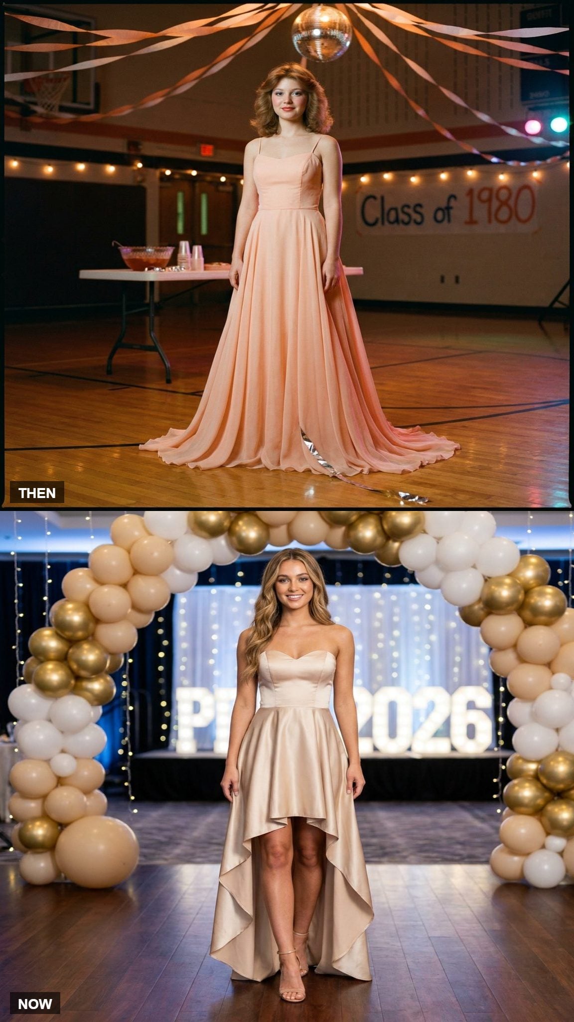 Floor-length 1980 prom dress compared with a modern high-low gown