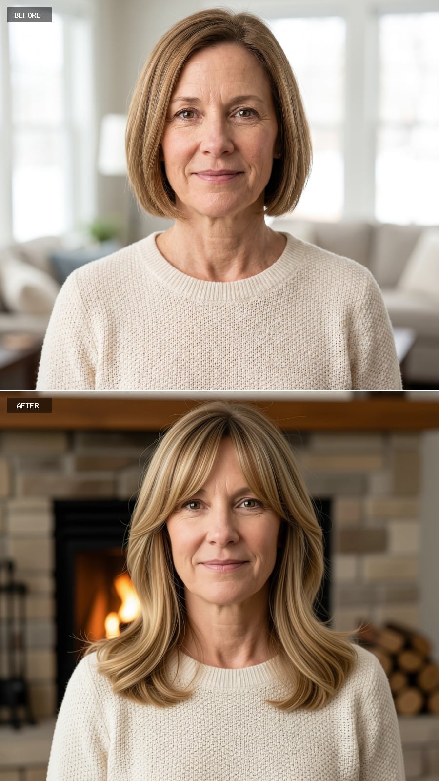 Curtain Bangs and Graduated Blonde Layers Open the Face