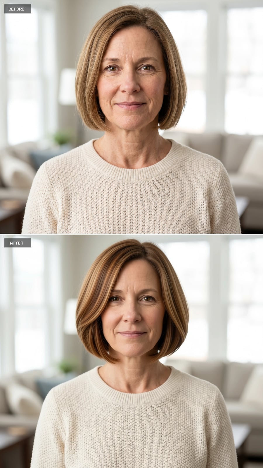 Caramel Highlights and a Softer Part Give the Bob More Dimension