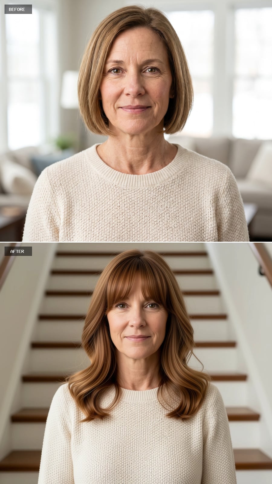 Full Bangs Define the Top of a Mid-Length Cut