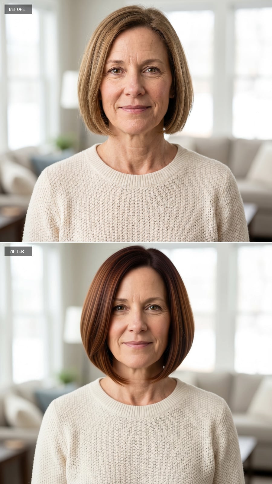 A Rich Auburn Bob Uses a Longer Front Edge to Sharpen the Shape