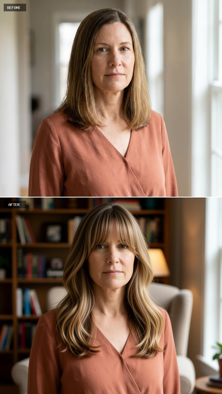 Brow-skimming bangs with blonde highlights woven through layered mid-lengths
