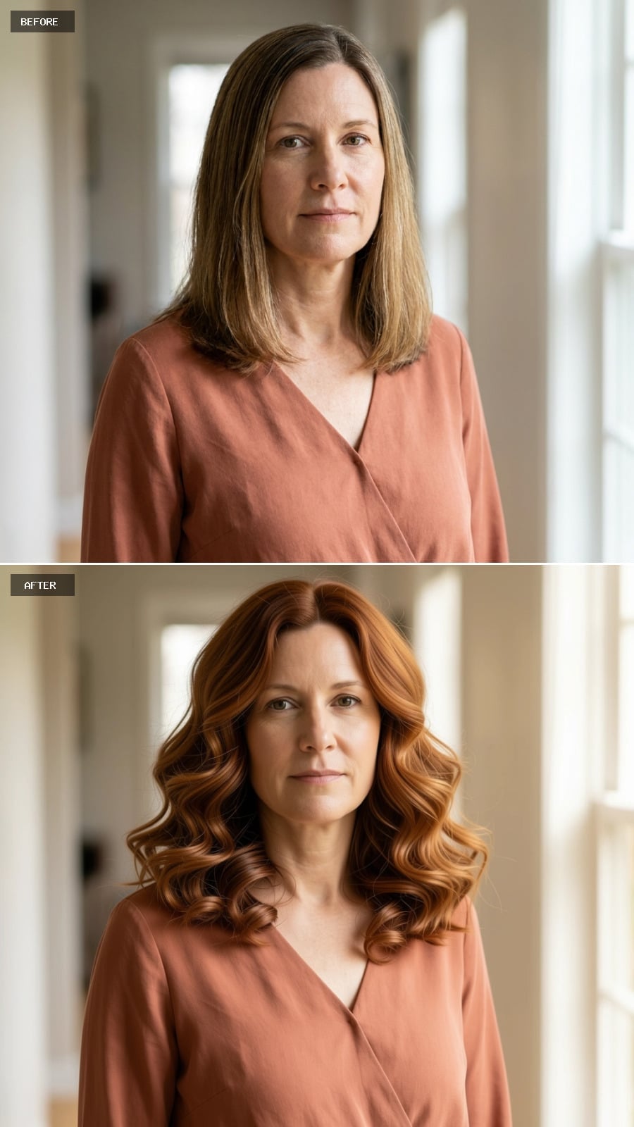 Warm copper waves with auburn root depth at shoulder length