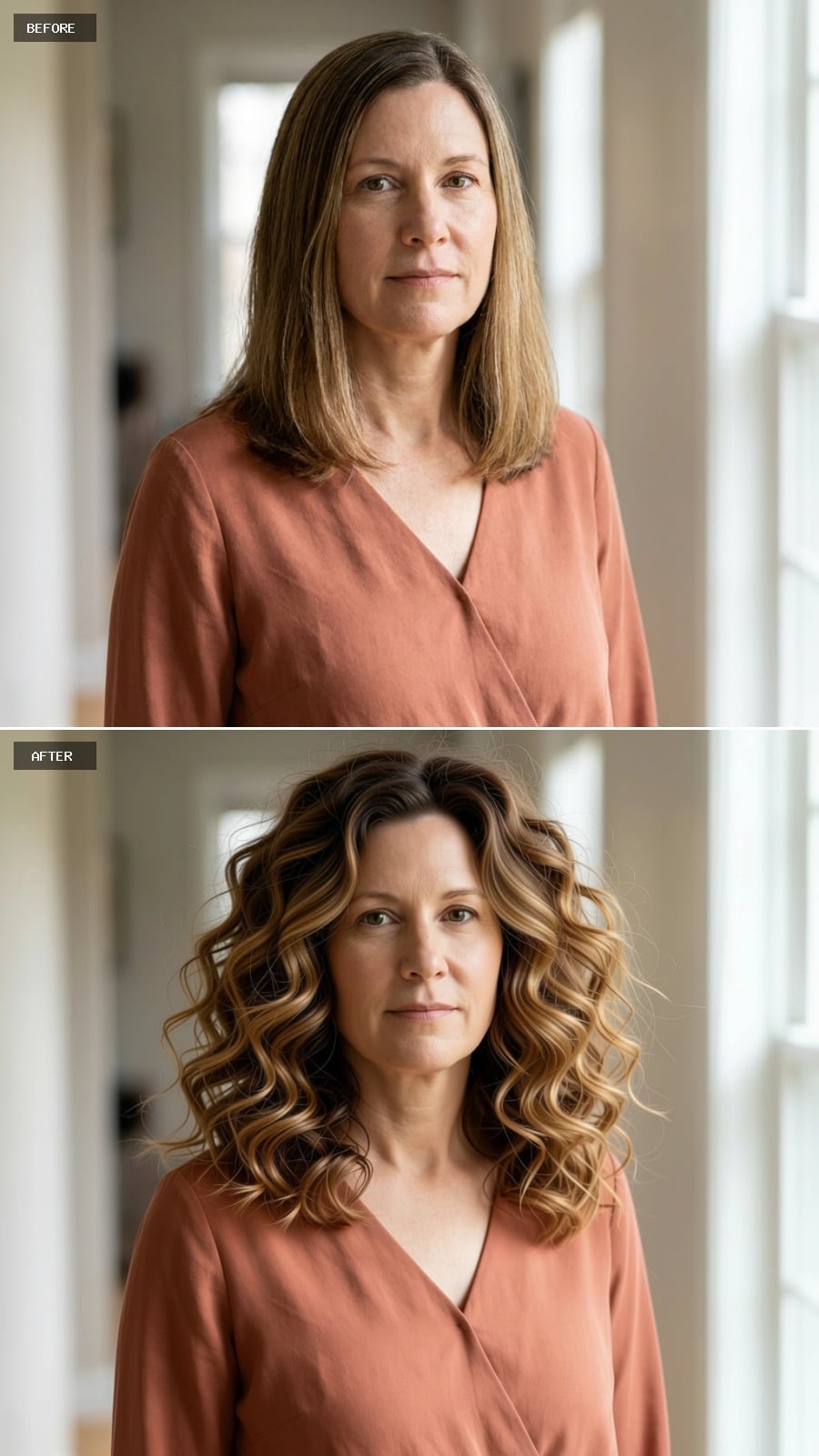 Voluminous spiral curls with dark roots fading into golden ends