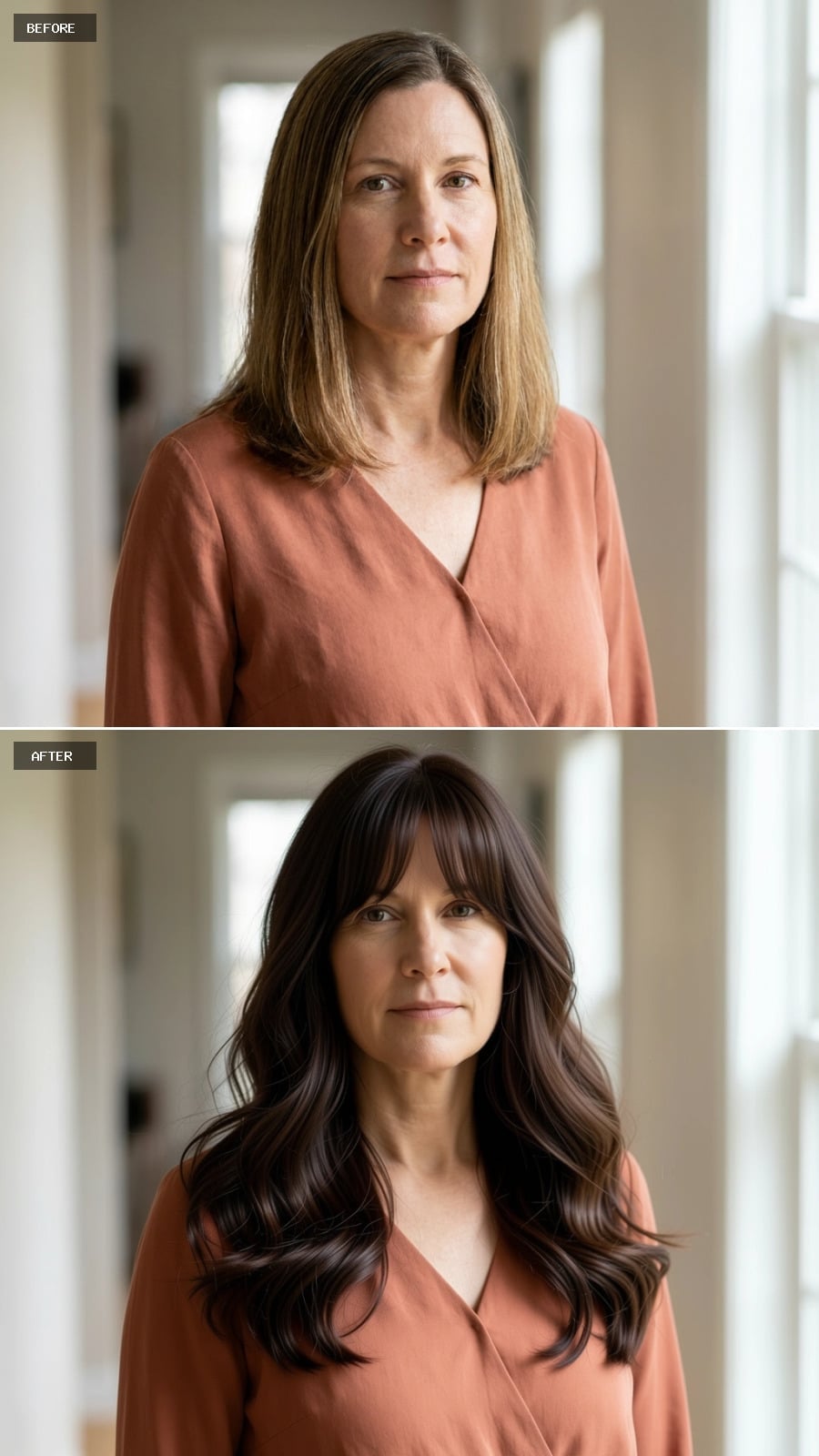 Full brow-grazing bangs paired with cheekbone-length dark waves