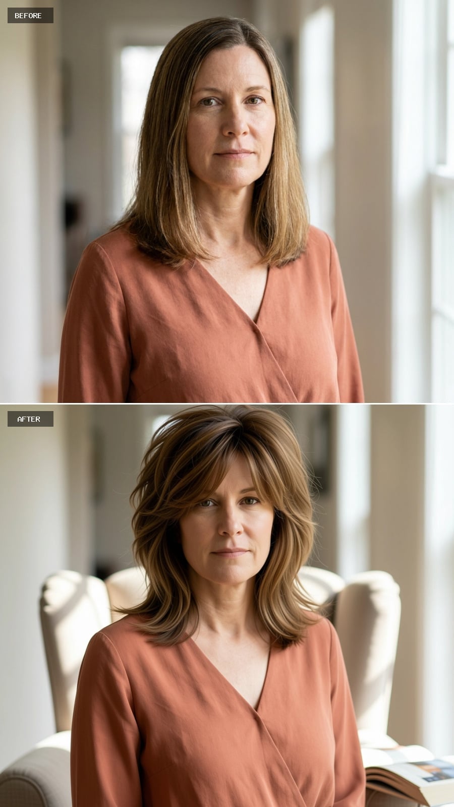 Shoulder-length layers with flipped ends and deep root color