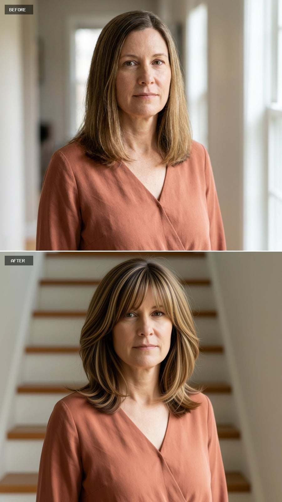 Collarbone-length layers with brow-grazing fringe and golden highlights