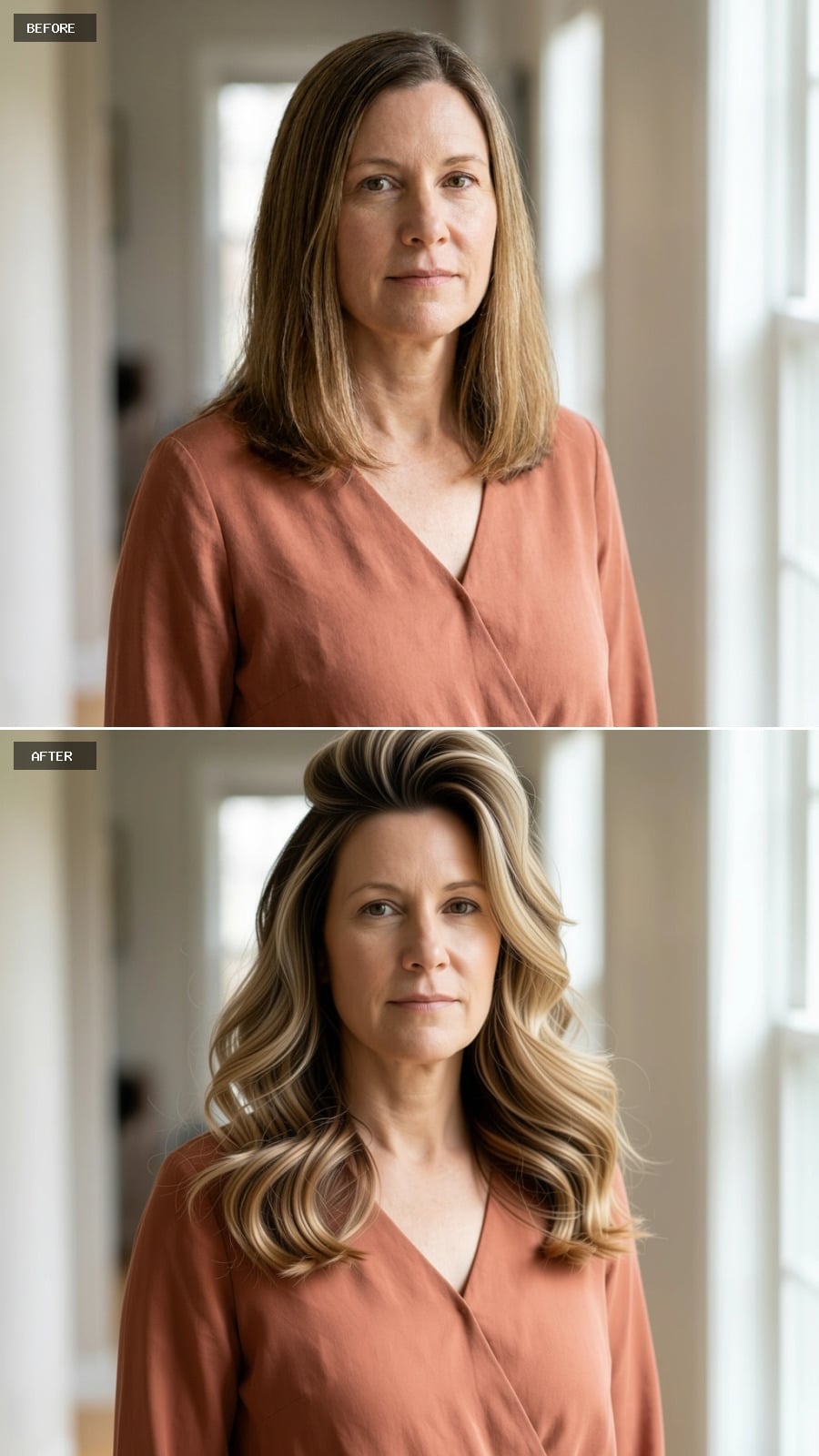 Rounded Layers and Blonde Balayage Create a Softer Fullness