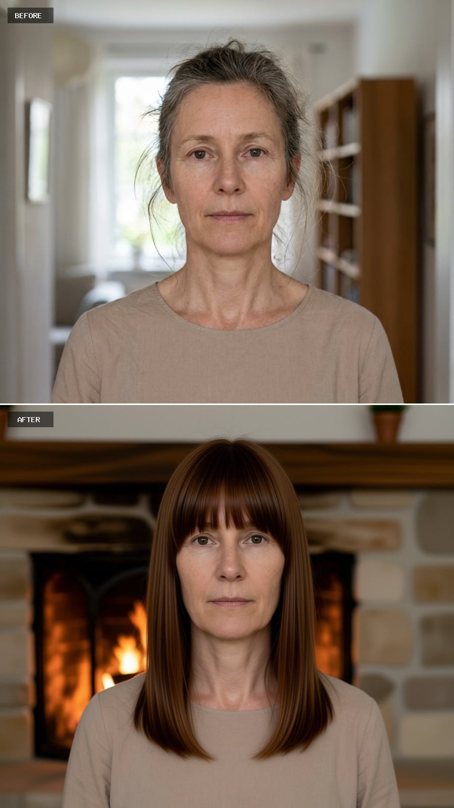 Rich Auburn-Brown and a Blunt Fringe That Give the Face Structure