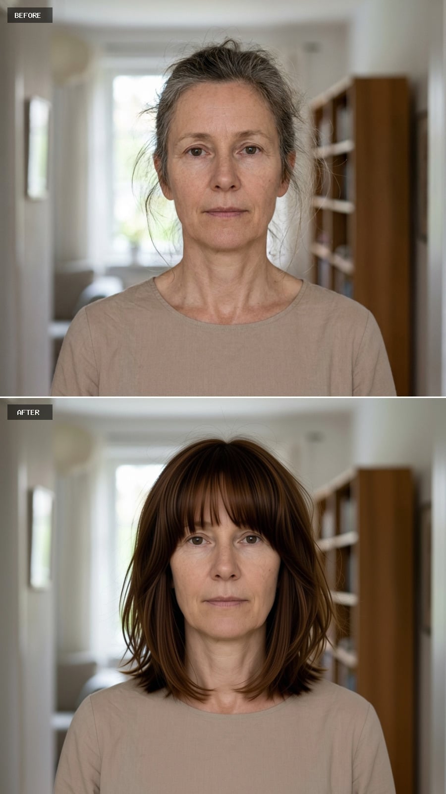 Shoulder-Length Bob With a Full Fringe and Rich Brown Color