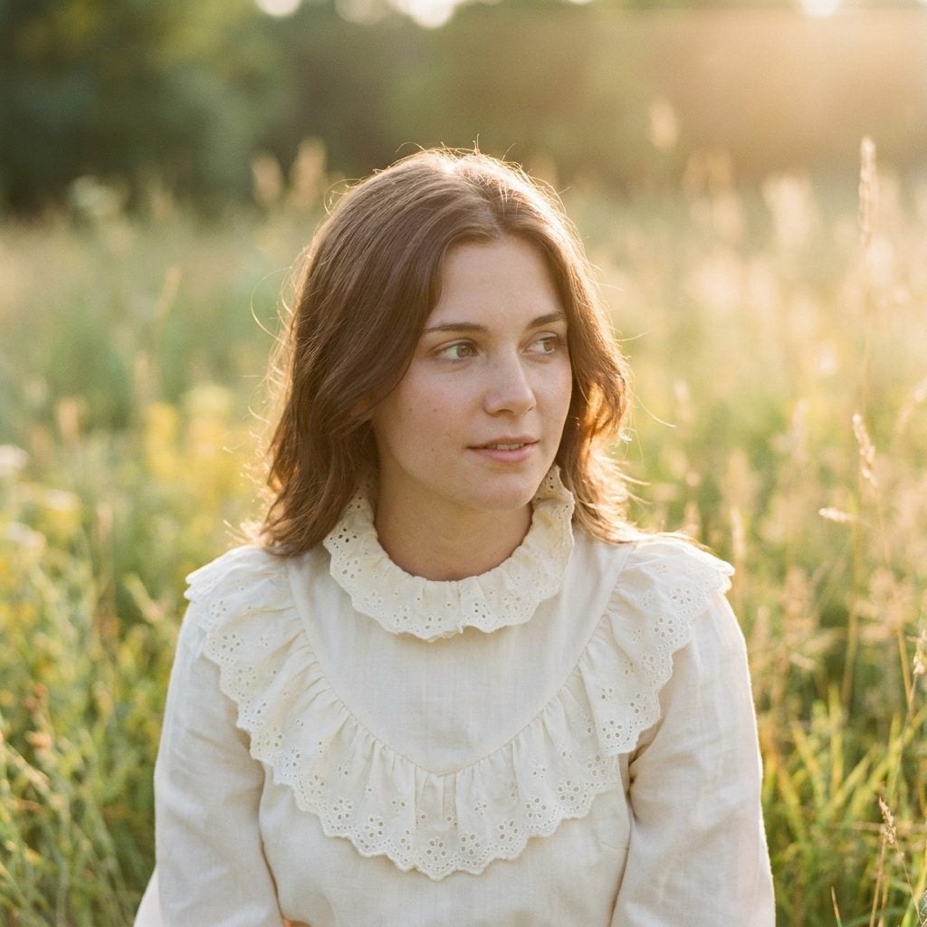 1970s prairie dress with a high ruffled neckline