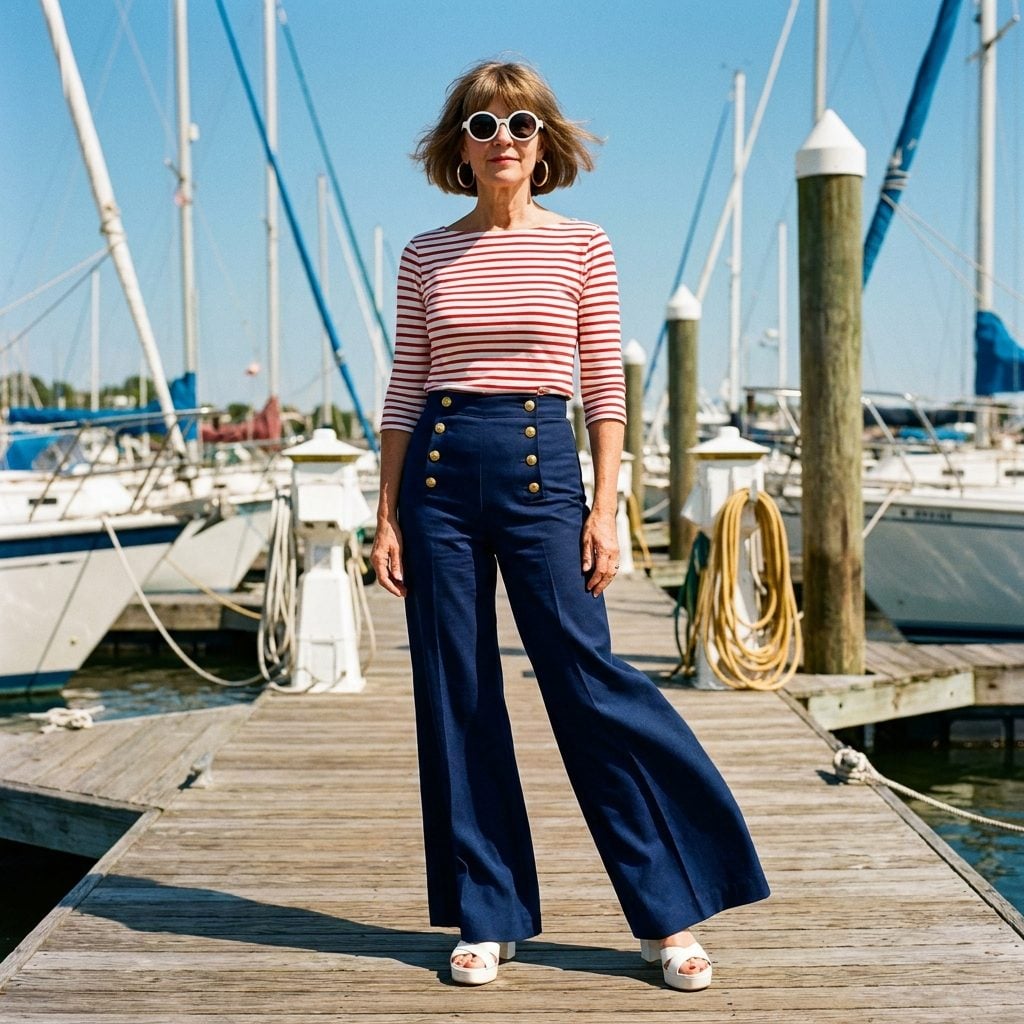 High-Waisted Sailor Pants With Rows of Brass Buttons