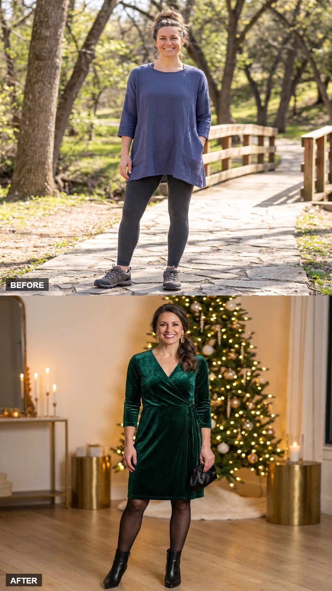 Holiday Party in an Emerald Velvet Wrap Dress and Black Ankle Boots