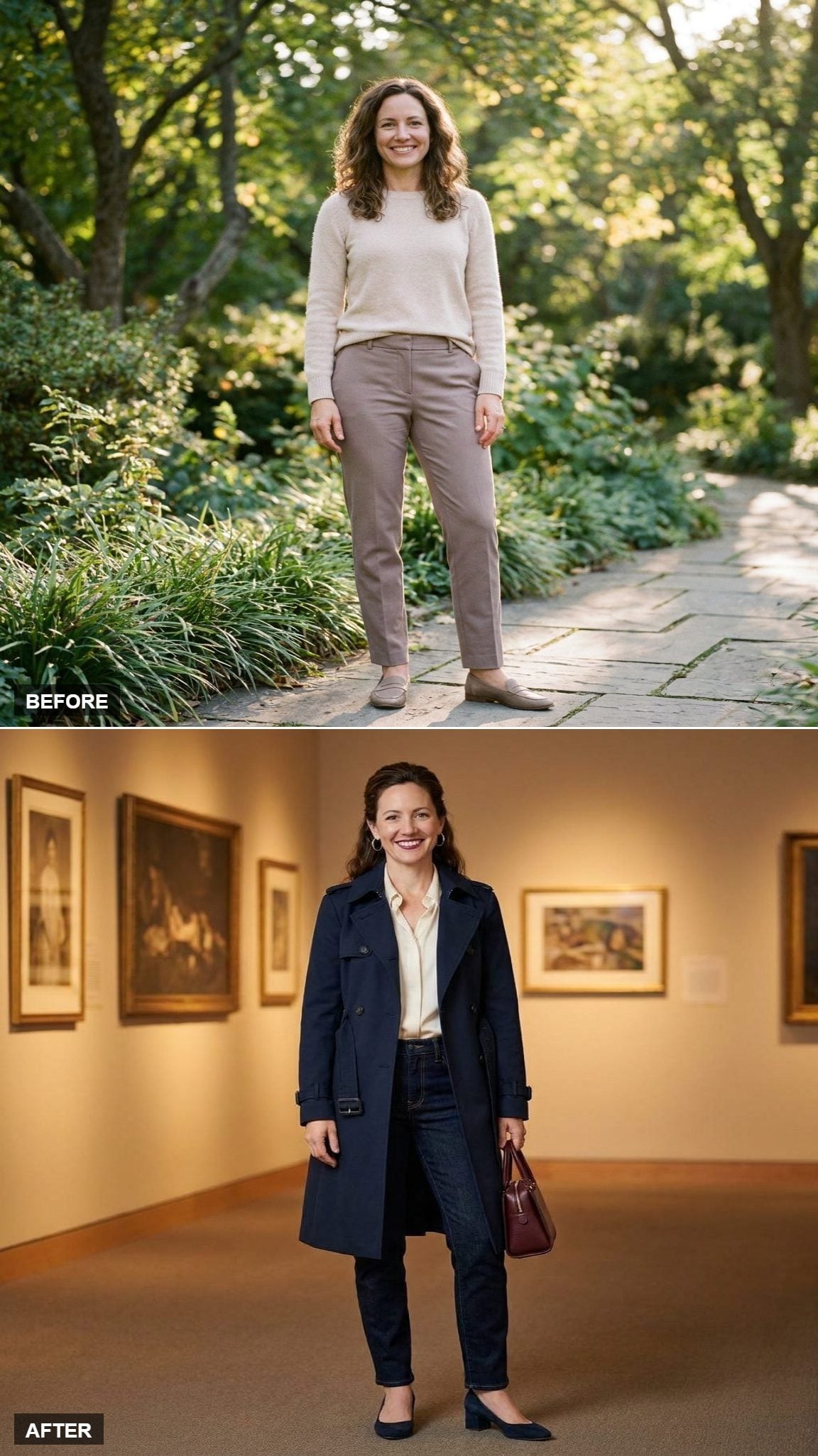 Ink Navy Trench, Cream Silk Blouse, and Contrast-Stitch Jeans for a Gallery Opening