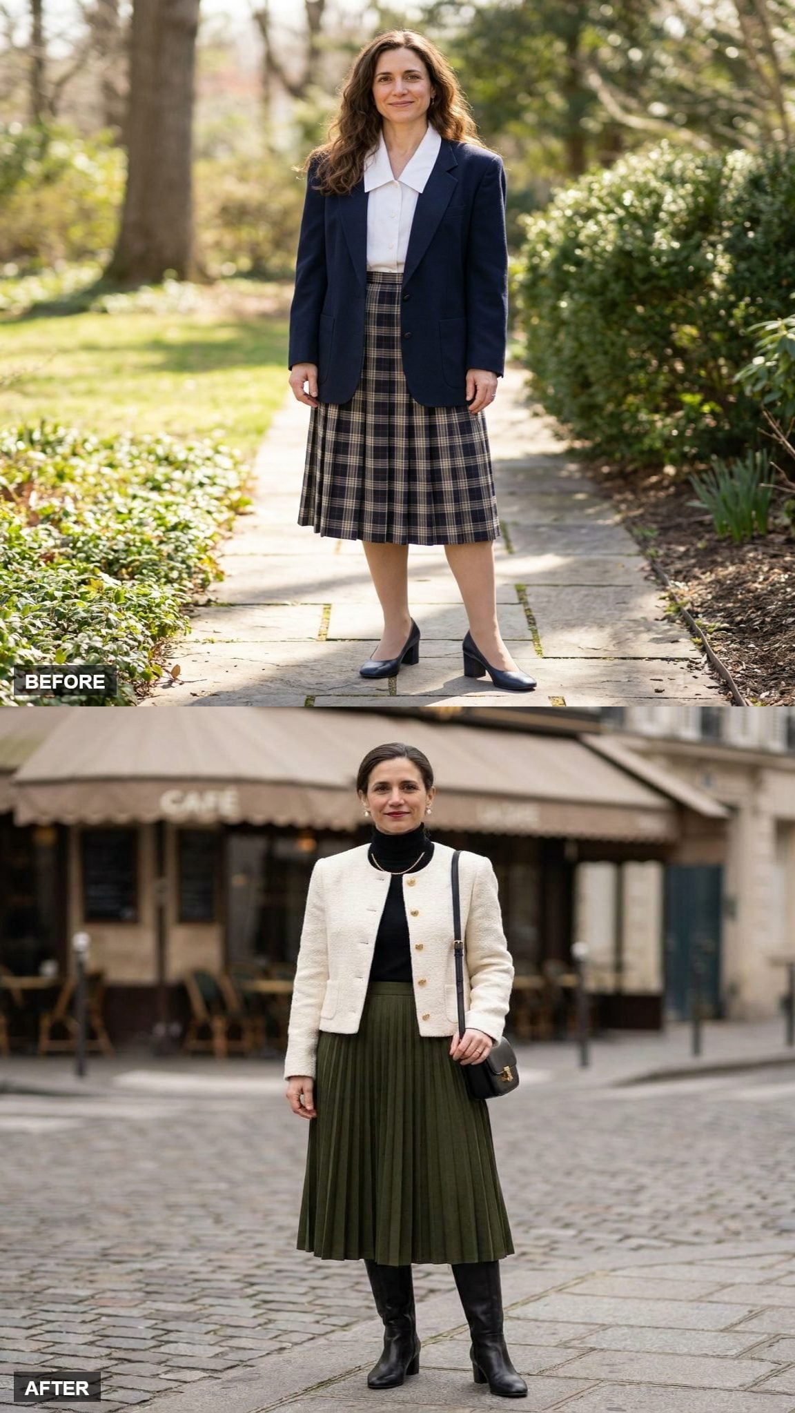 Ivory Bouclé Blazer with a Pleated Olive Skirt for Long Lunches and Small Rebellions