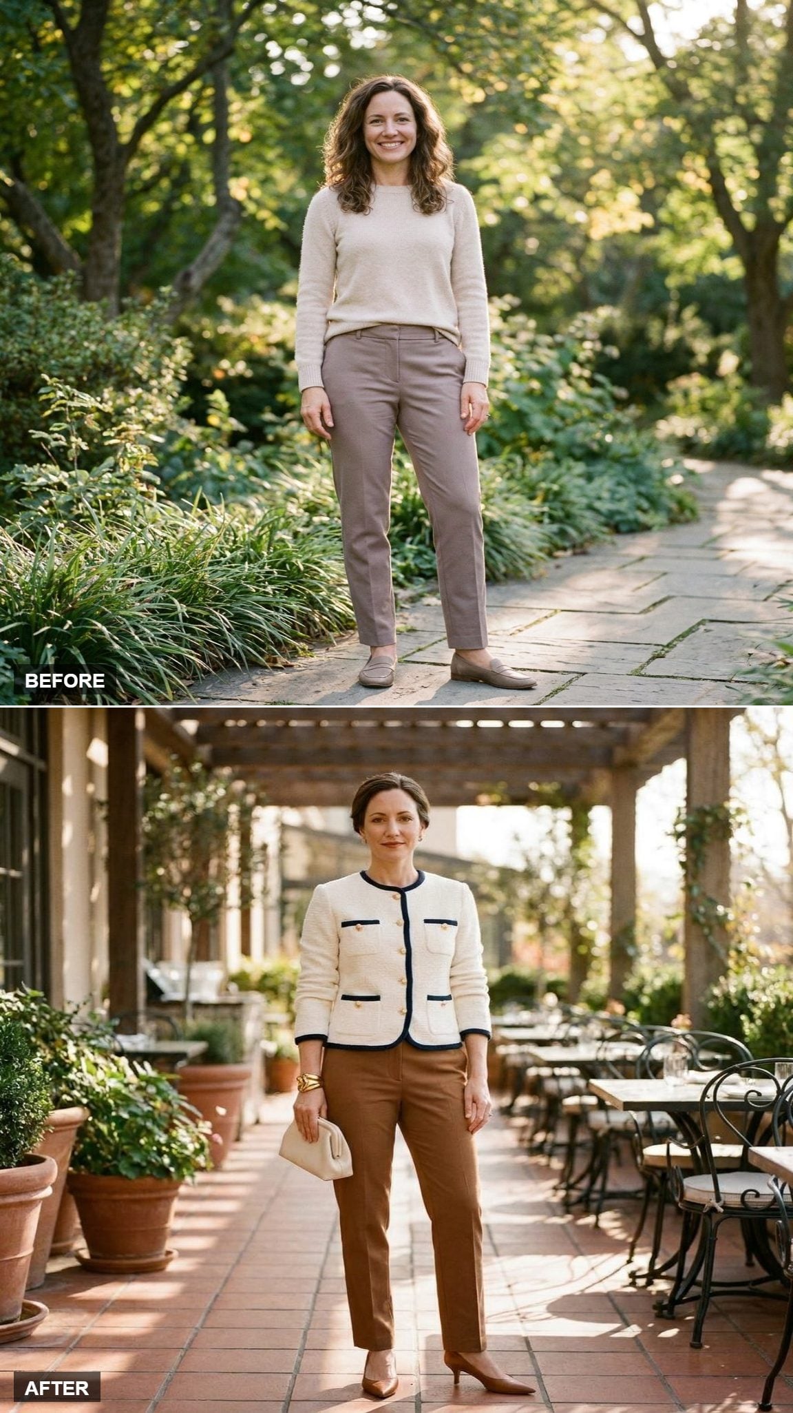 Ivory Bouclé Jacket, Tobacco Trousers, and Sculptural Gold Cuff for a Long Lunch