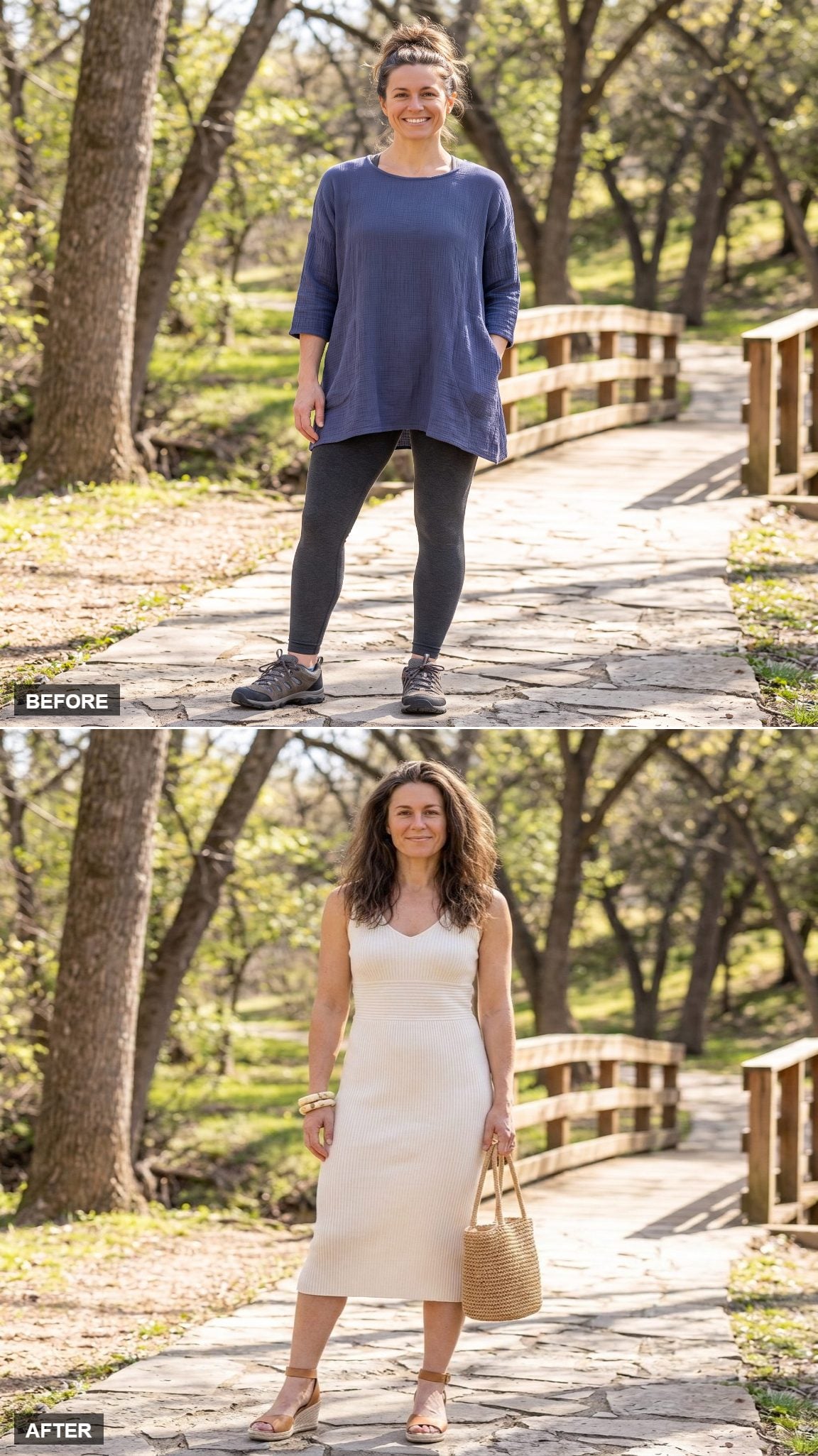 Ivory Ribbed Knit Midi Dress, Stacked Bone Bangles, and Tan Wedge Sandals for a Summer Saturday