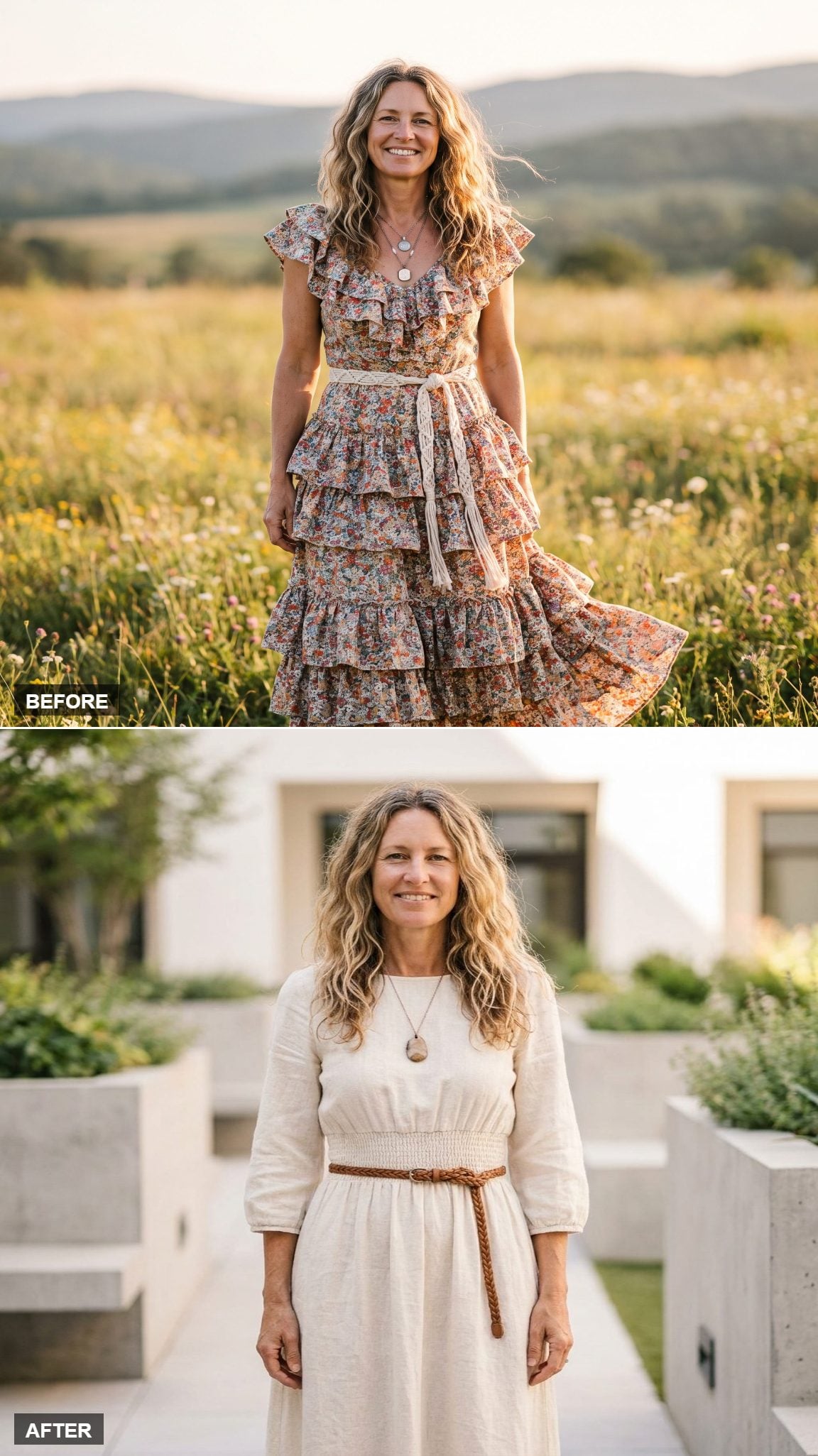 Ivory Smocked Linen Dress with Braided Belt and Stone Pendant